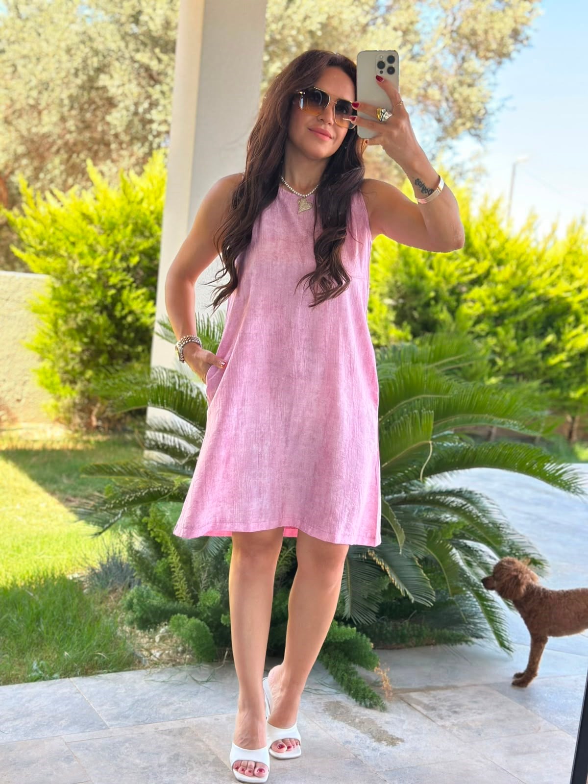 Sıfır Kol Bisiklet Yaka Pembe Elbise