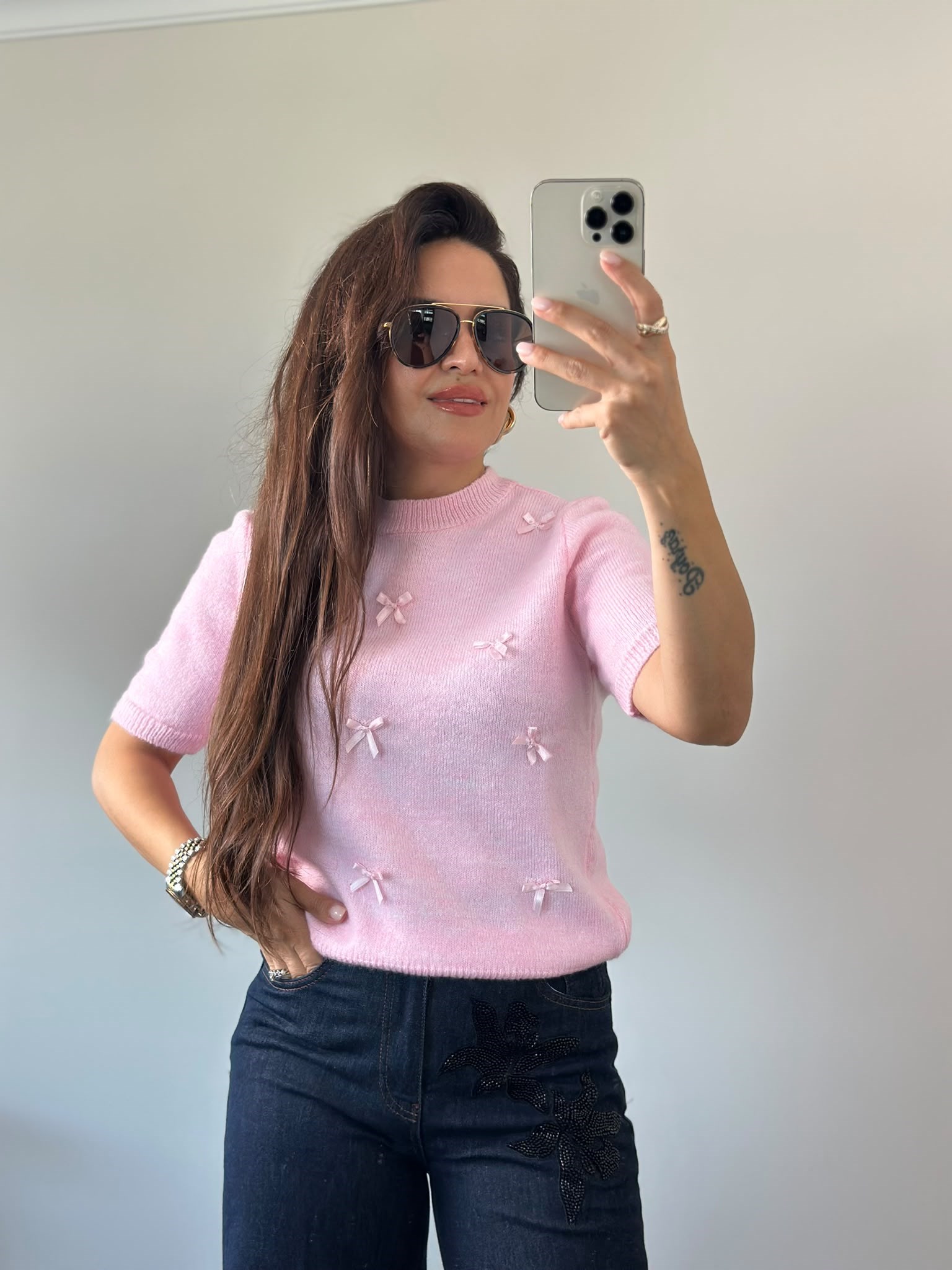 Sıfır Yaka Pembe Kurdelalı Triko