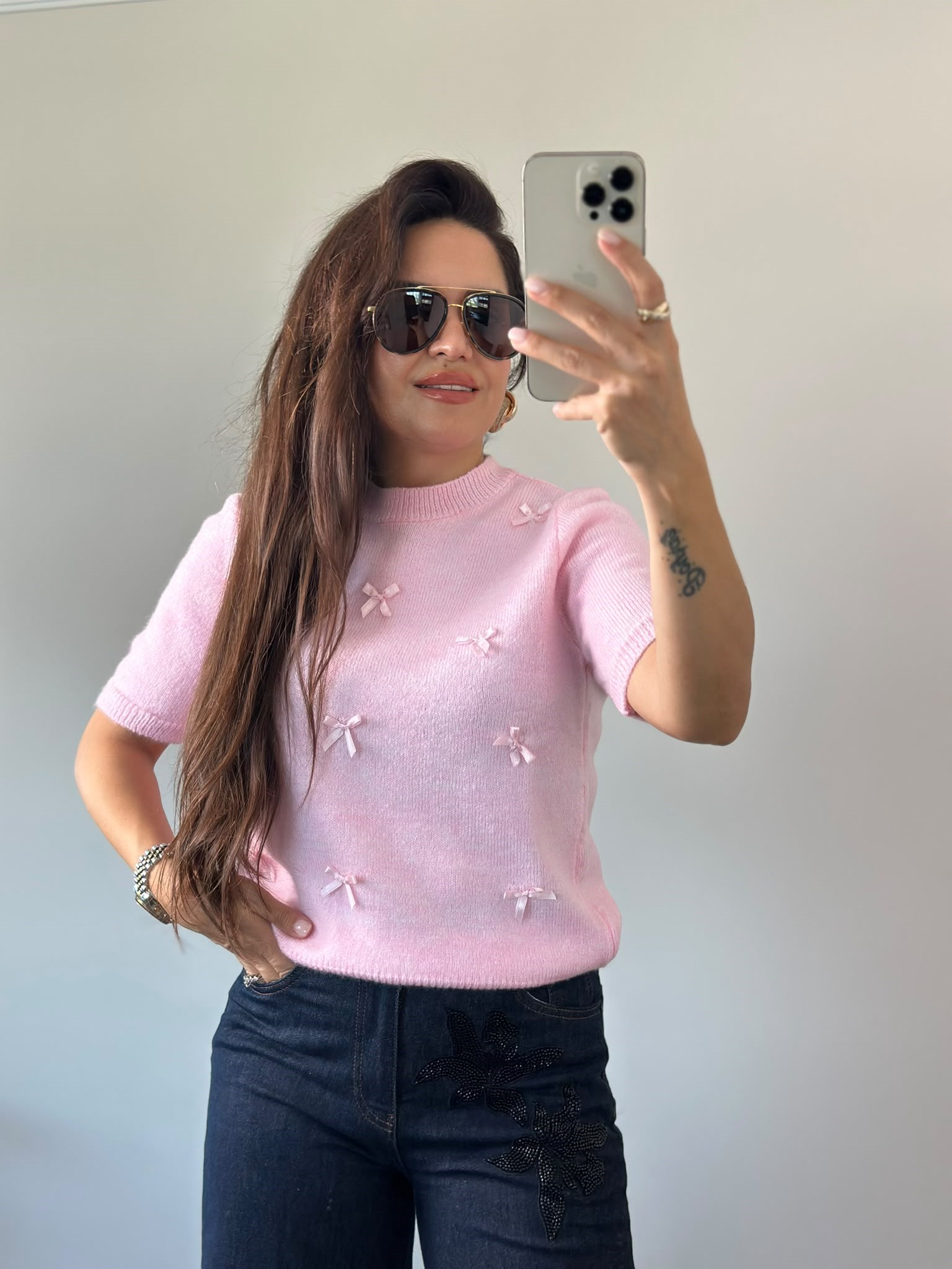 Sıfır Yaka Pembe Kurdelalı Triko