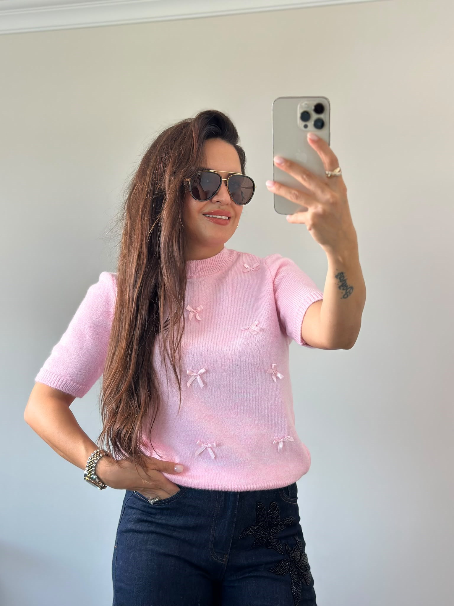 Sıfır Yaka Pembe Kurdelalı Triko