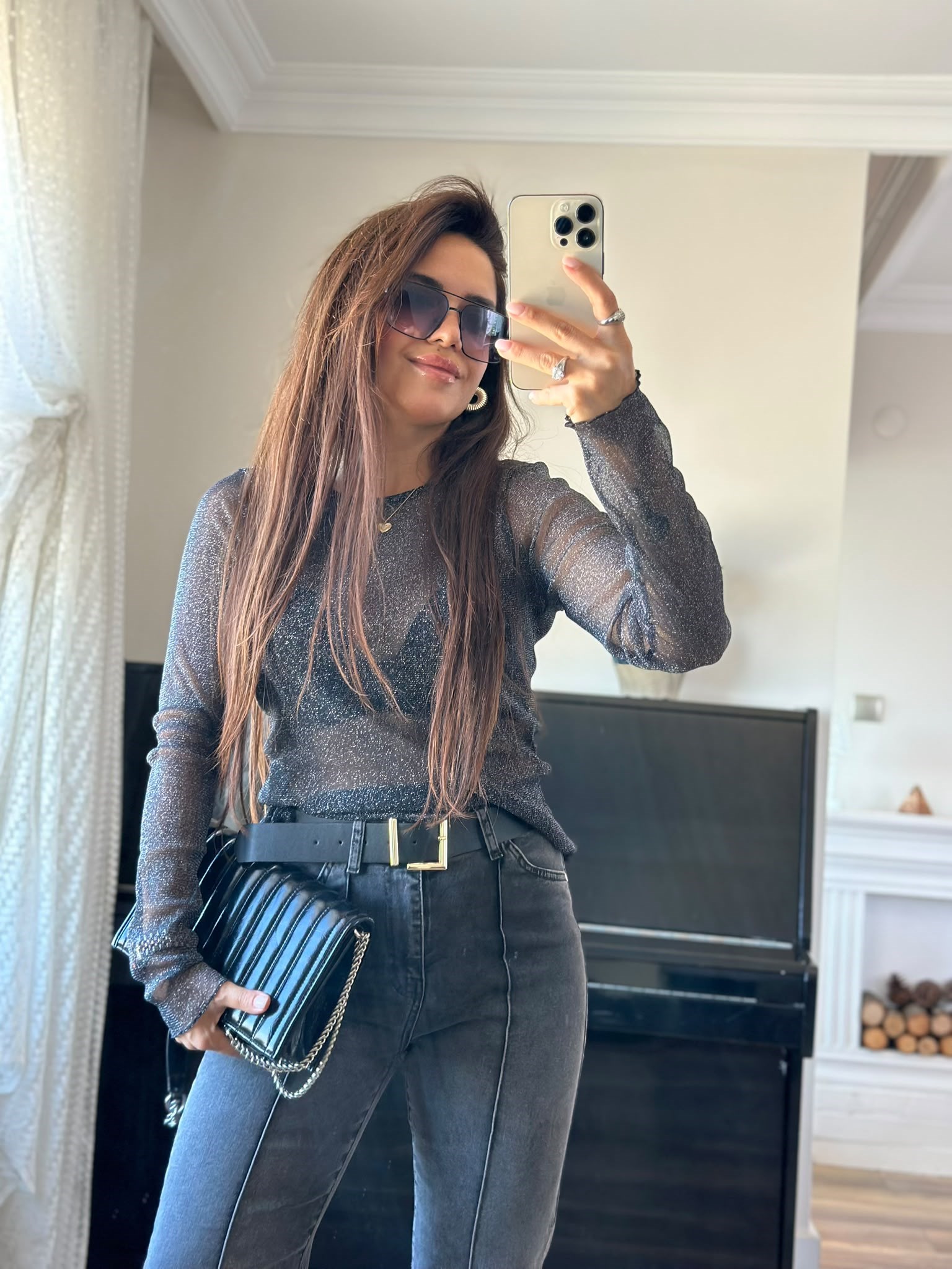 Simli Şifon Bluz Lacivert