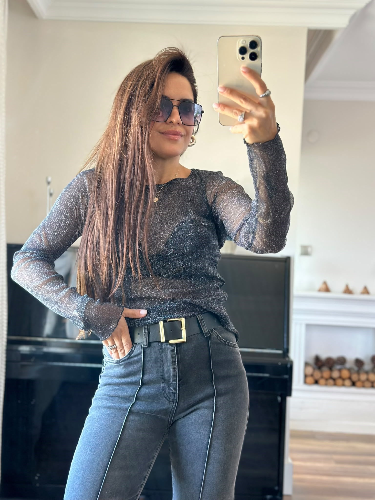 Simli Şifon Bluz Lacivert