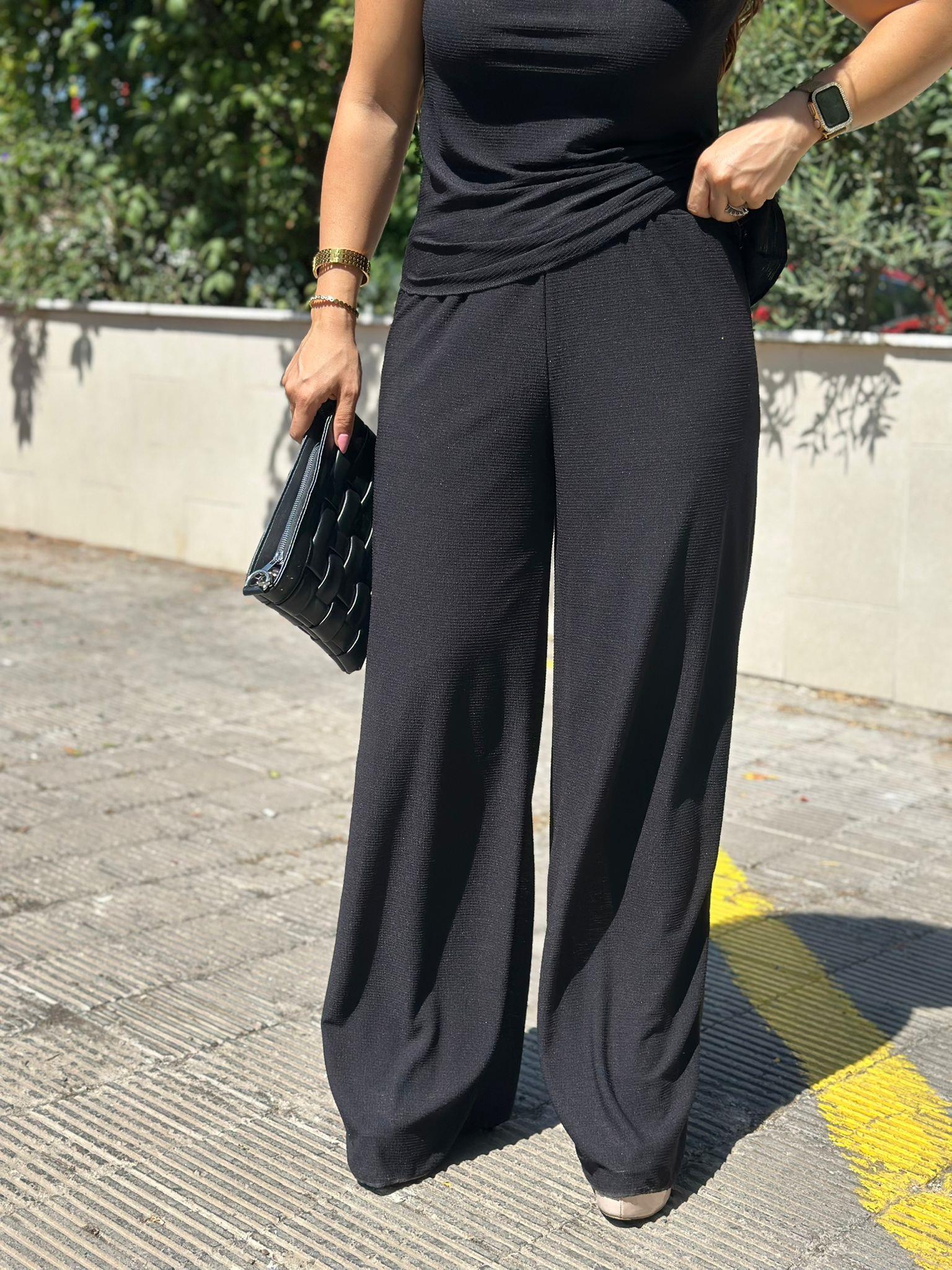 Siyah Asimetrik Bluz Pantolon Takım