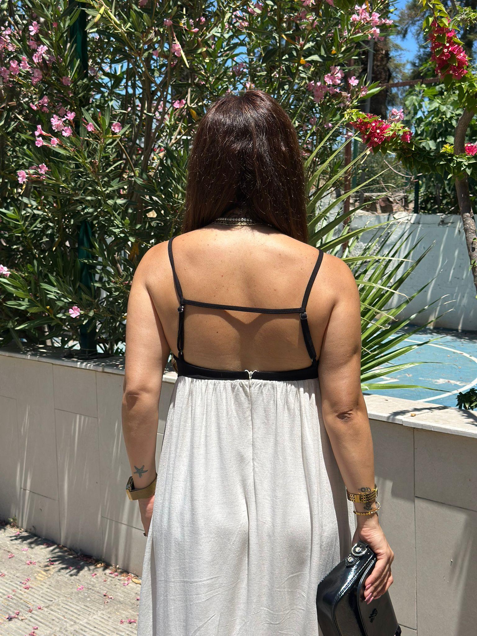 Siyah Bej Keten Elbise