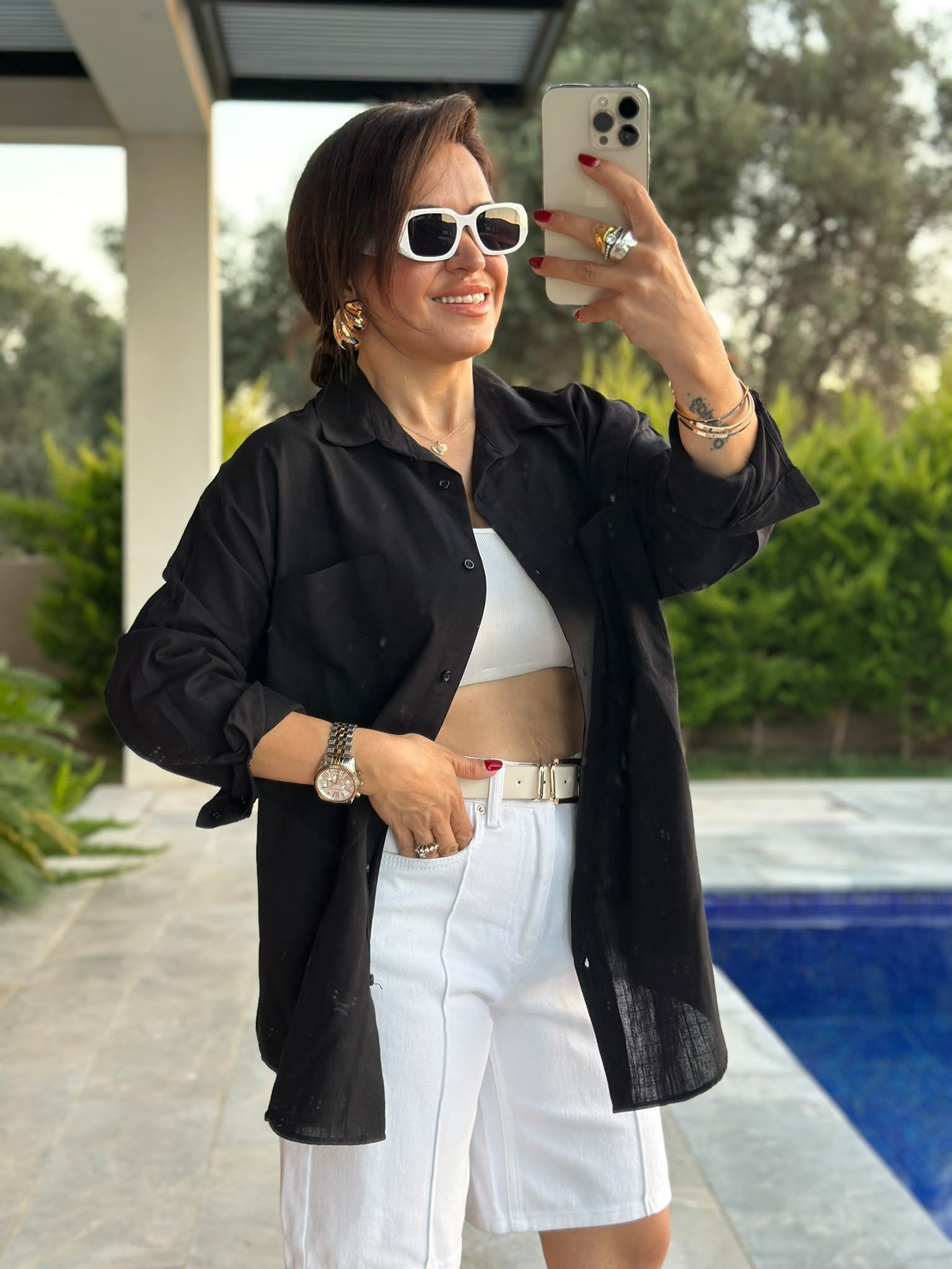 Siyah Çift Cepli Oversize Gömlek