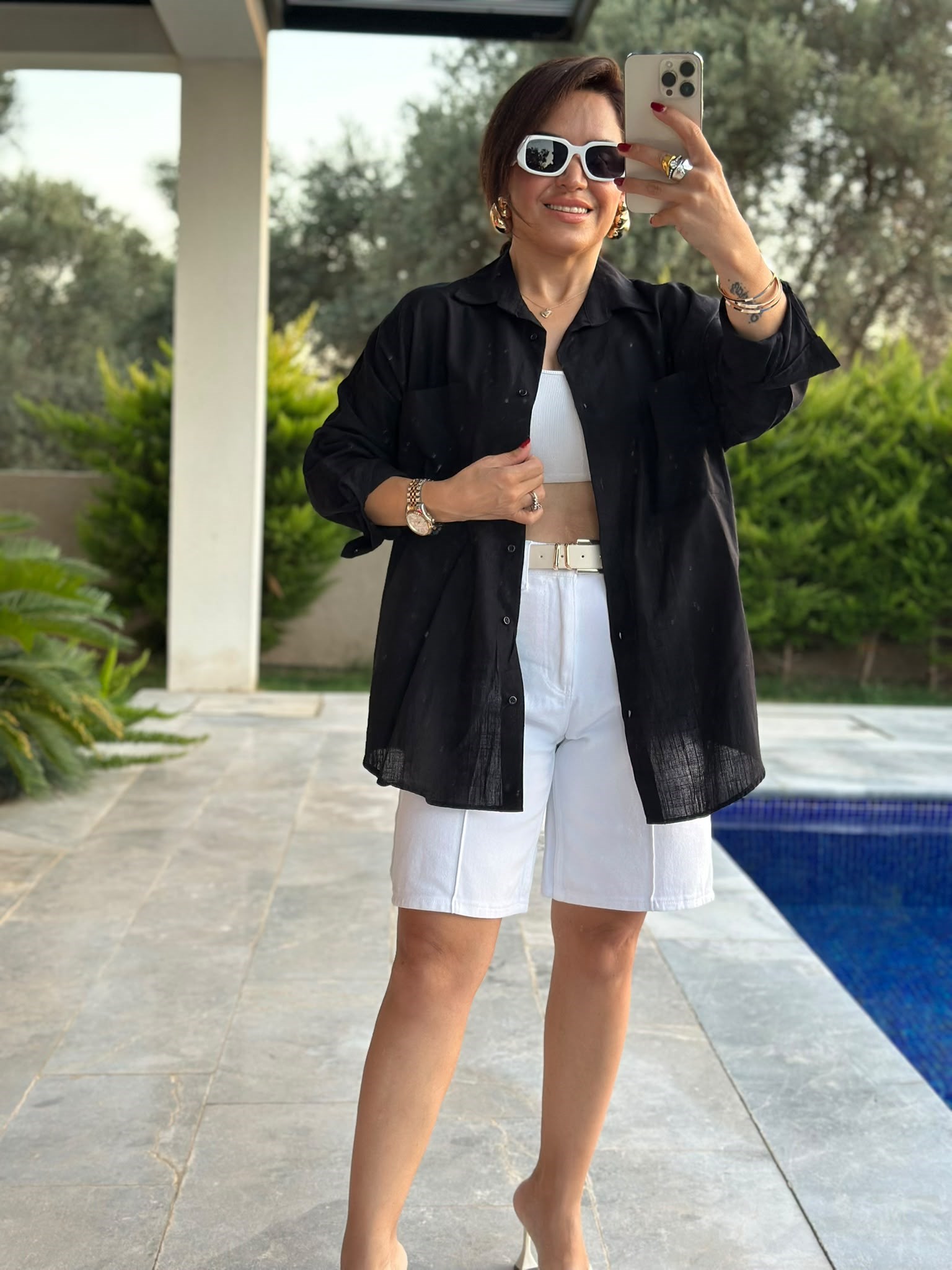 Siyah Çift Cepli Oversize Gömlek