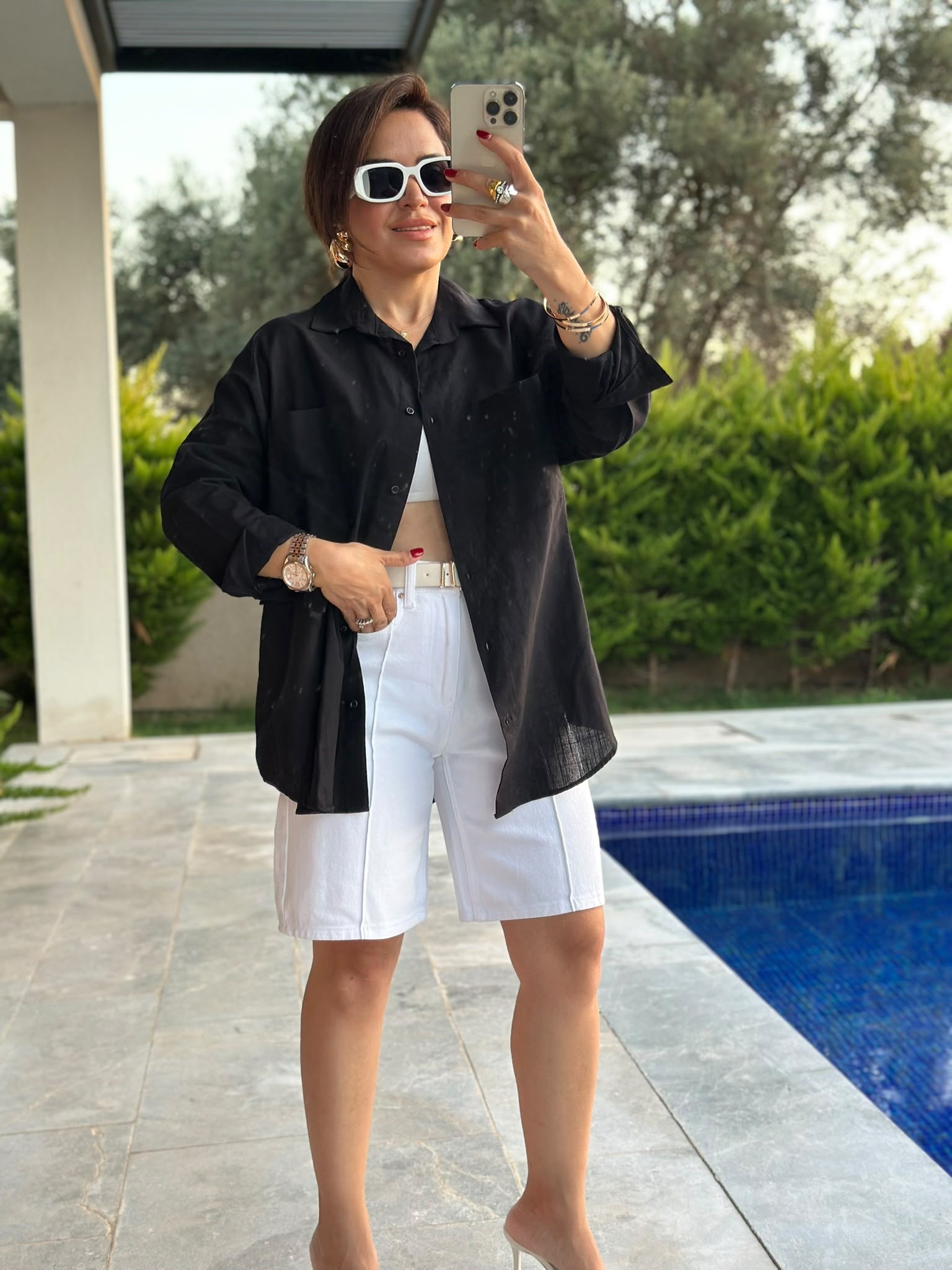 Siyah Çift Cepli Oversize Gömlek
