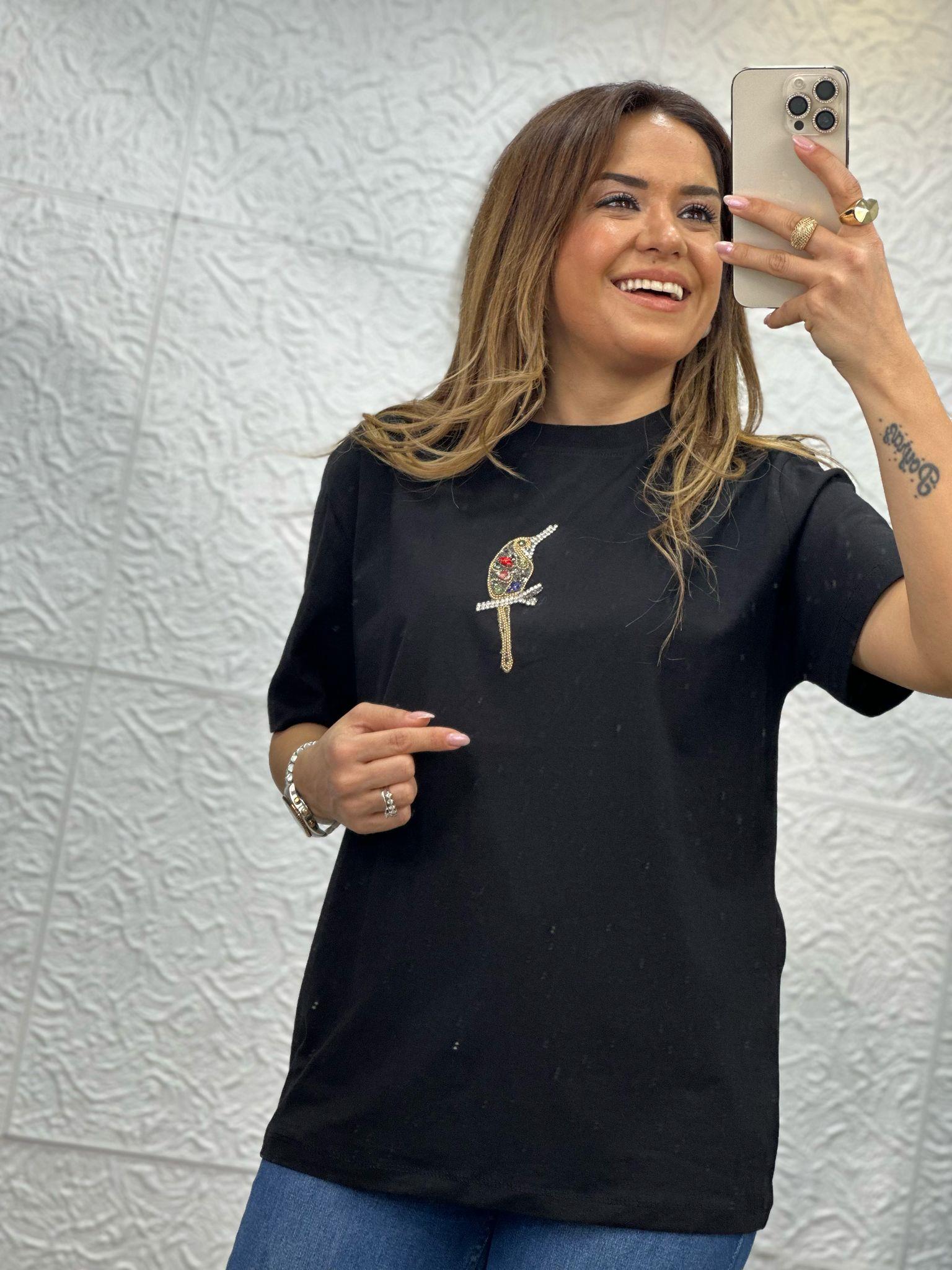 Siyah Kuşlu Tshirt