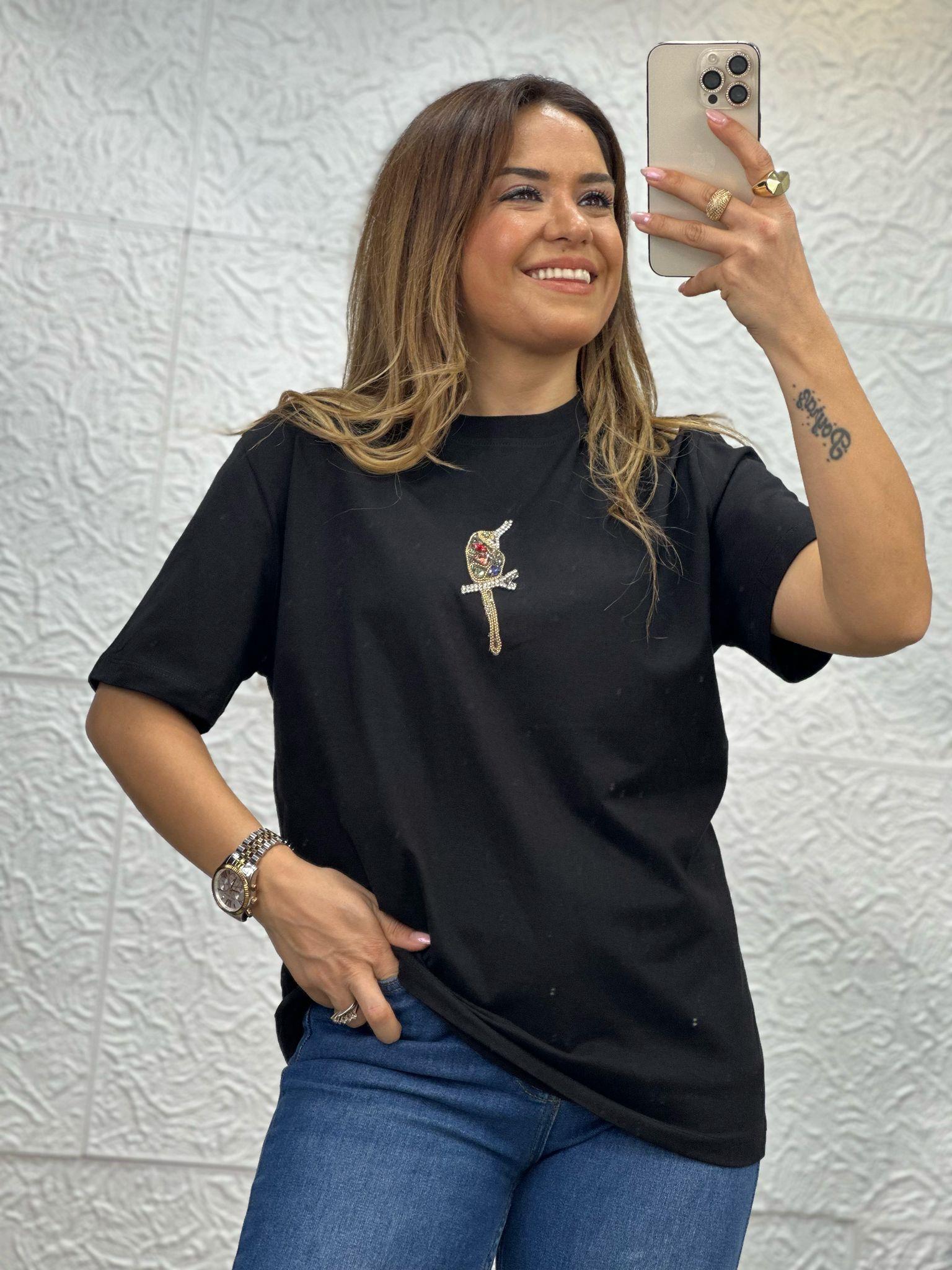 Siyah Kuşlu Tshirt