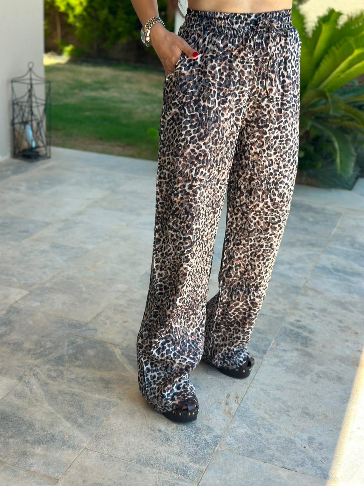 Siyah Leopar Bol Paça Pantolon