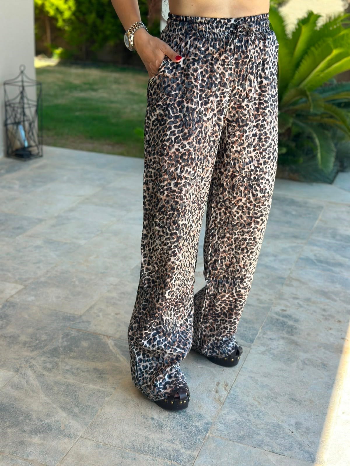 Siyah Leopar Bol Paça Pantolon