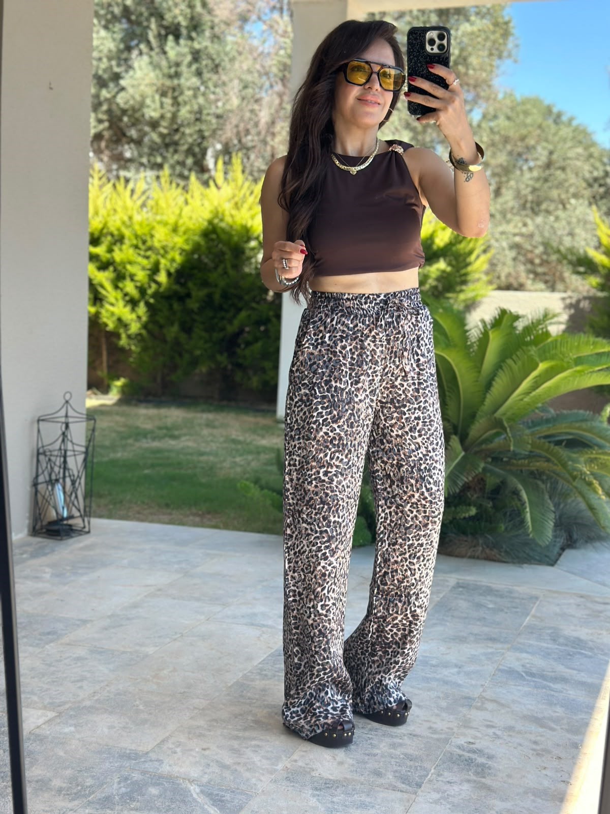 Siyah Leopar Bol Paça Pantolon