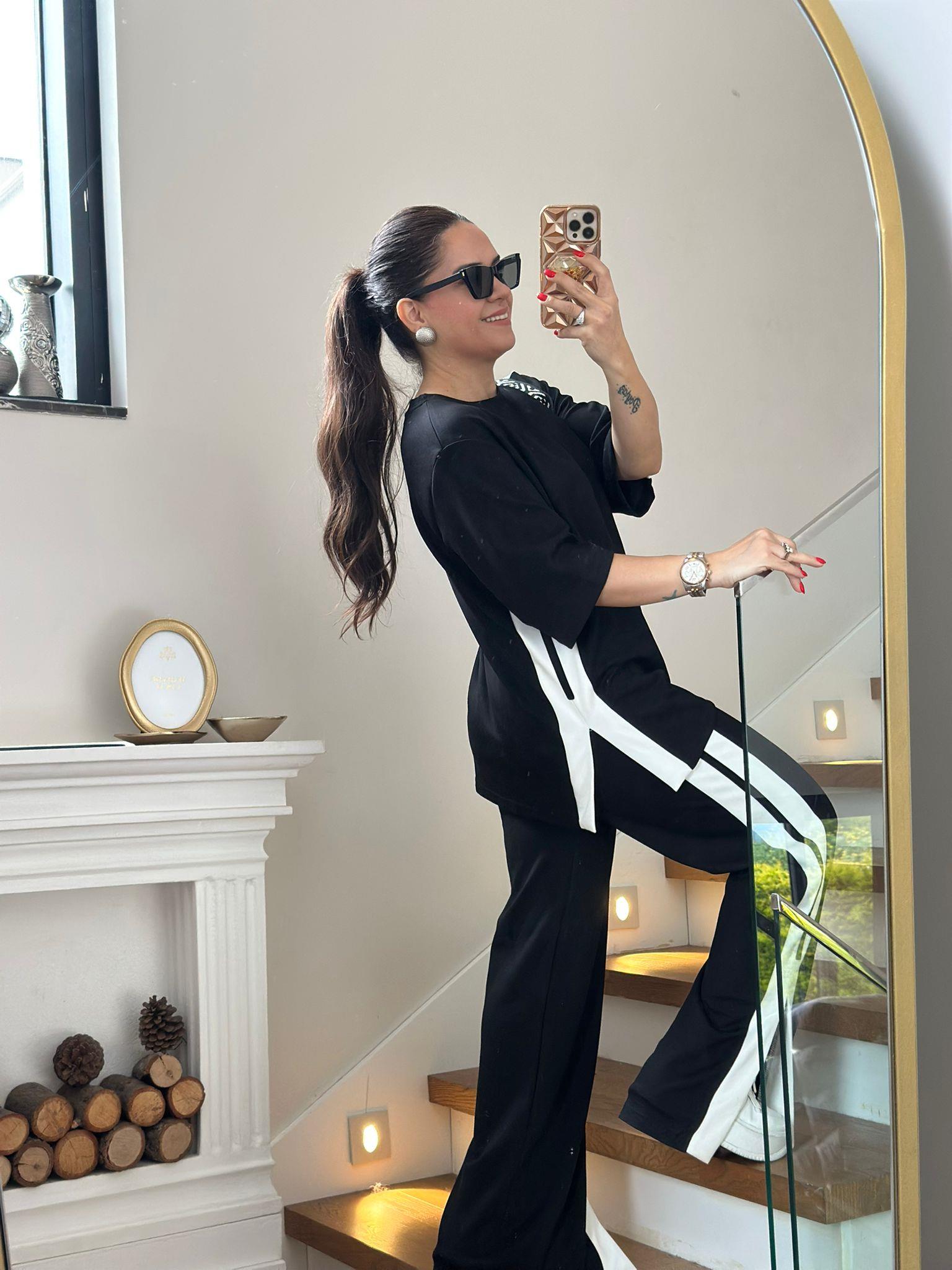 Siyah Modal Yan Şeritli Tshirt Pantolon Takım