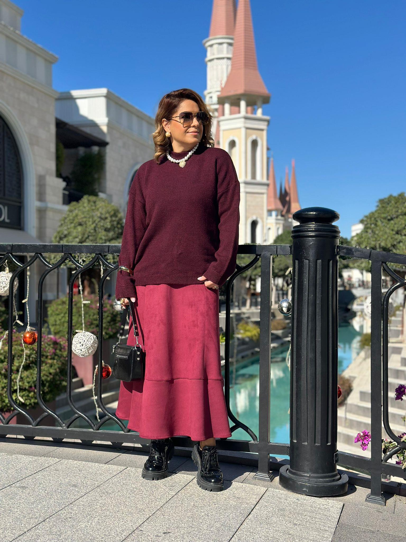 Süet Midi Bordo Etek