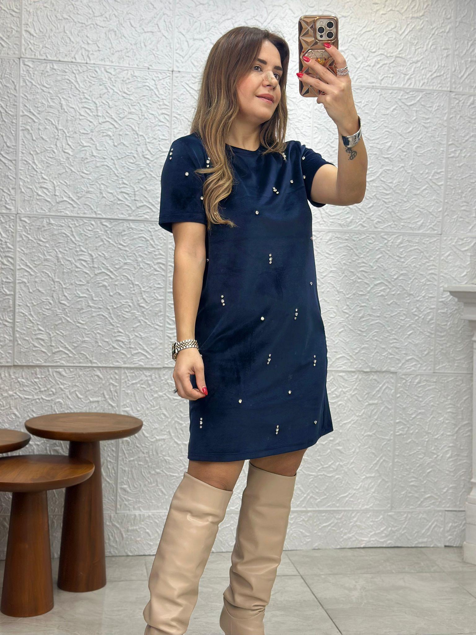 Taşlı Kadife Lacivert Elbsie