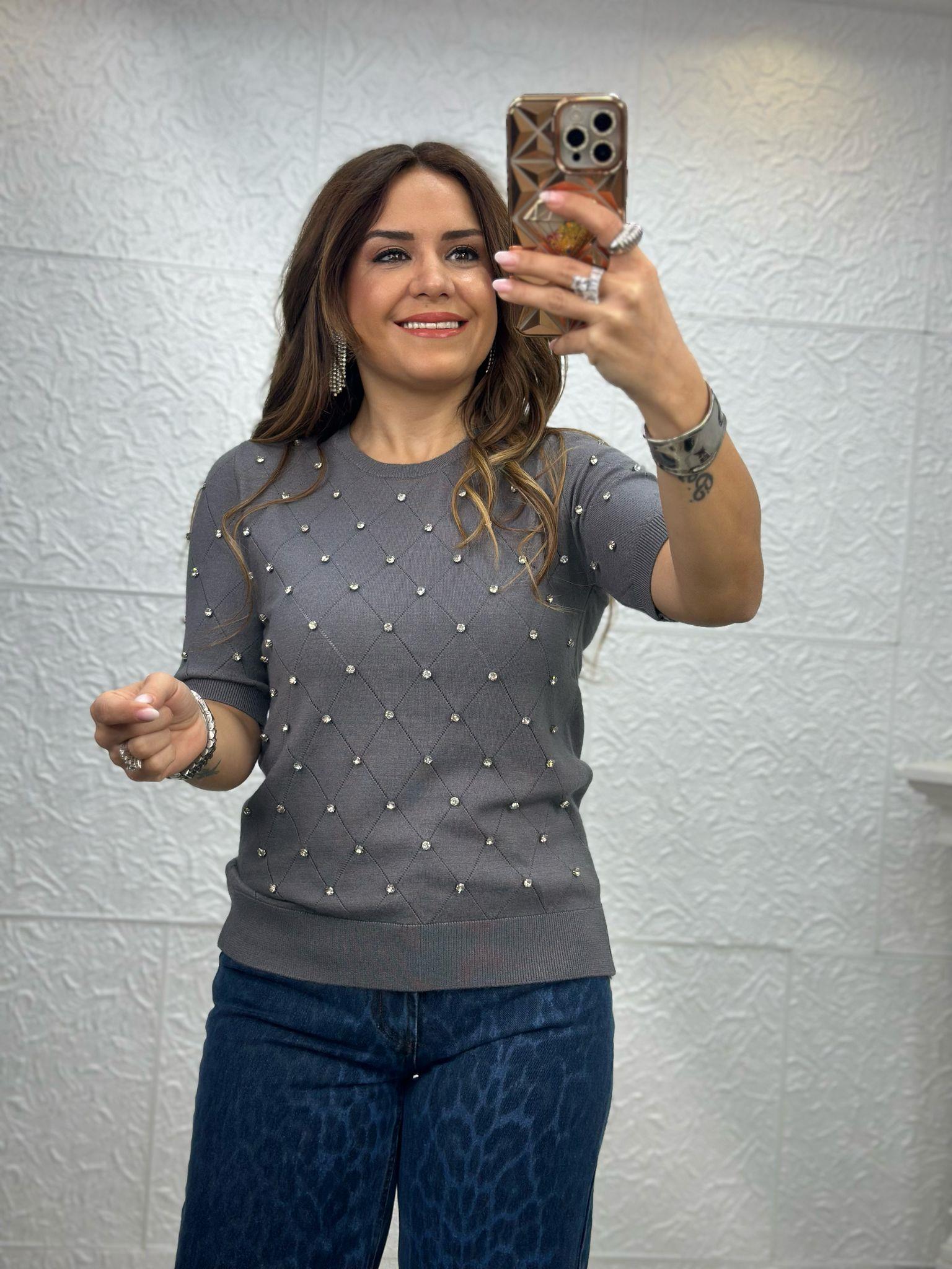 Taşlı Kısa Gri  Kollu Triko