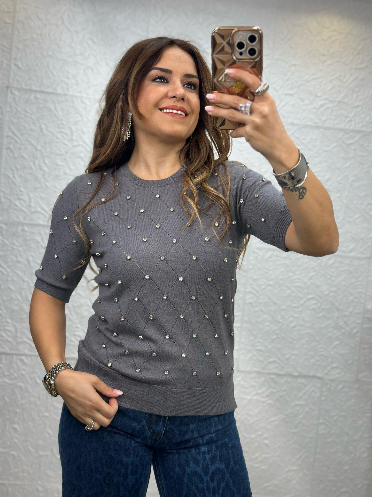 Taşlı Kısa Gri  Kollu Triko