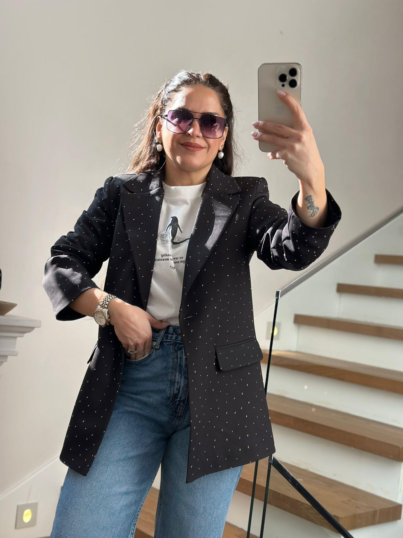 Taşlı Siyah Blazer Ceket