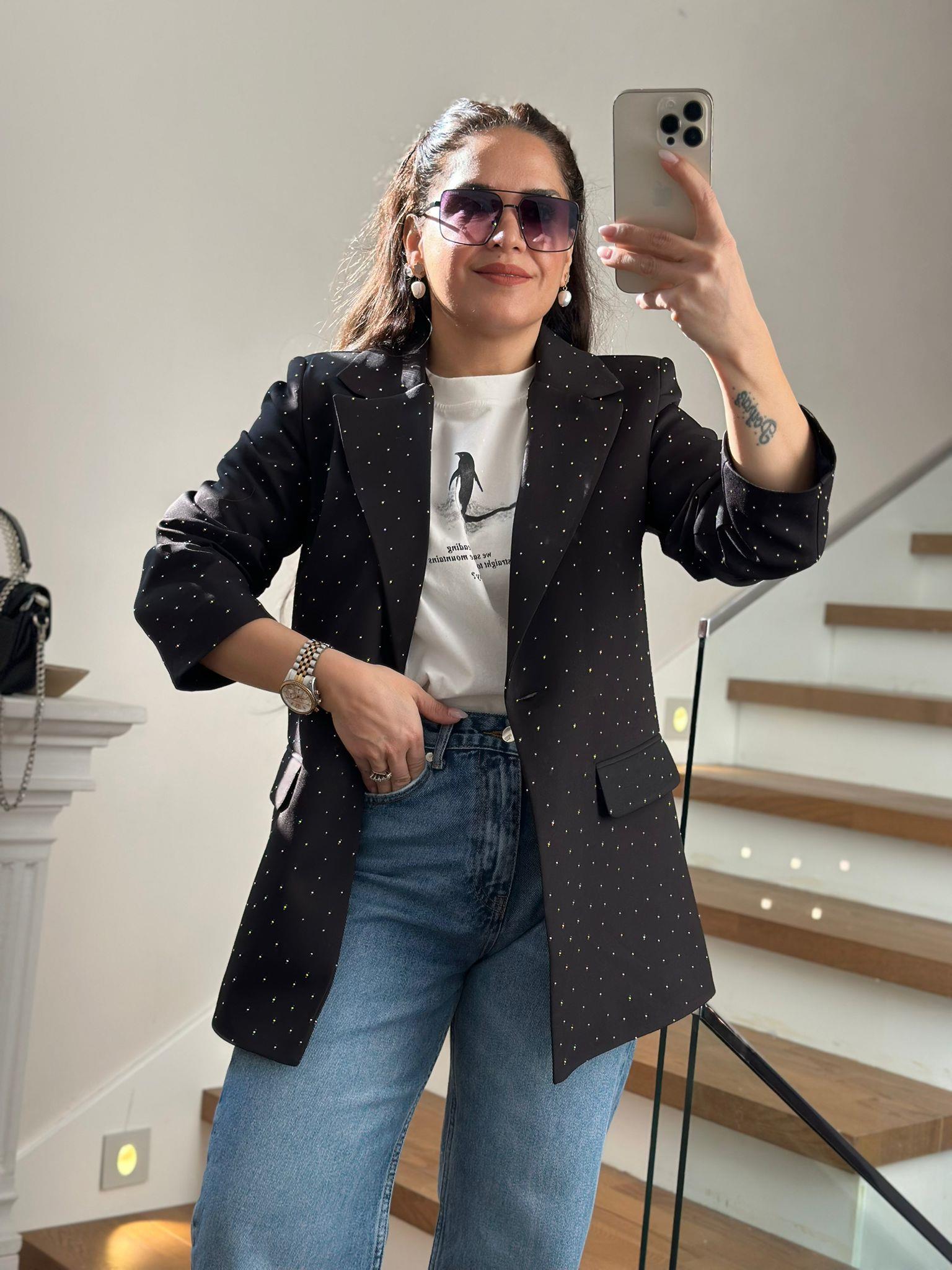 Taşlı Siyah Blazer Ceket