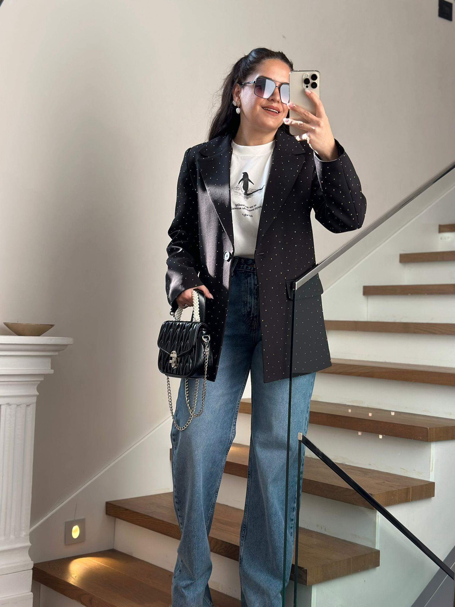 Taşlı Siyah Blazer Ceket