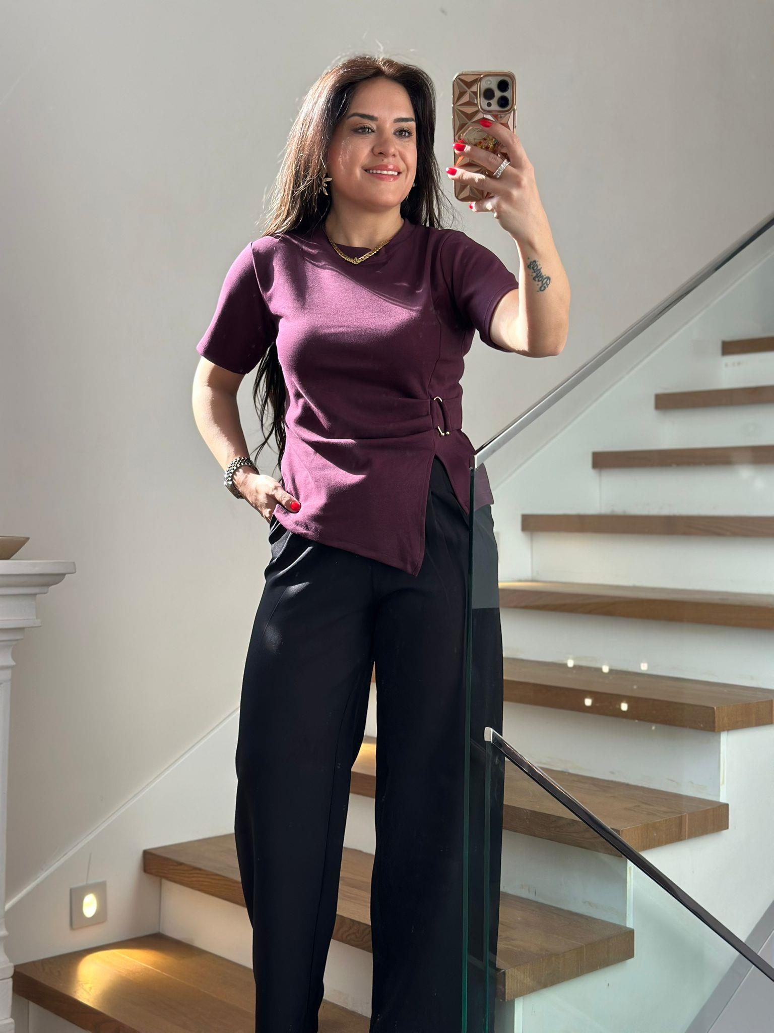 Tokalı Bisiklet Yaka Bordo Tshirt