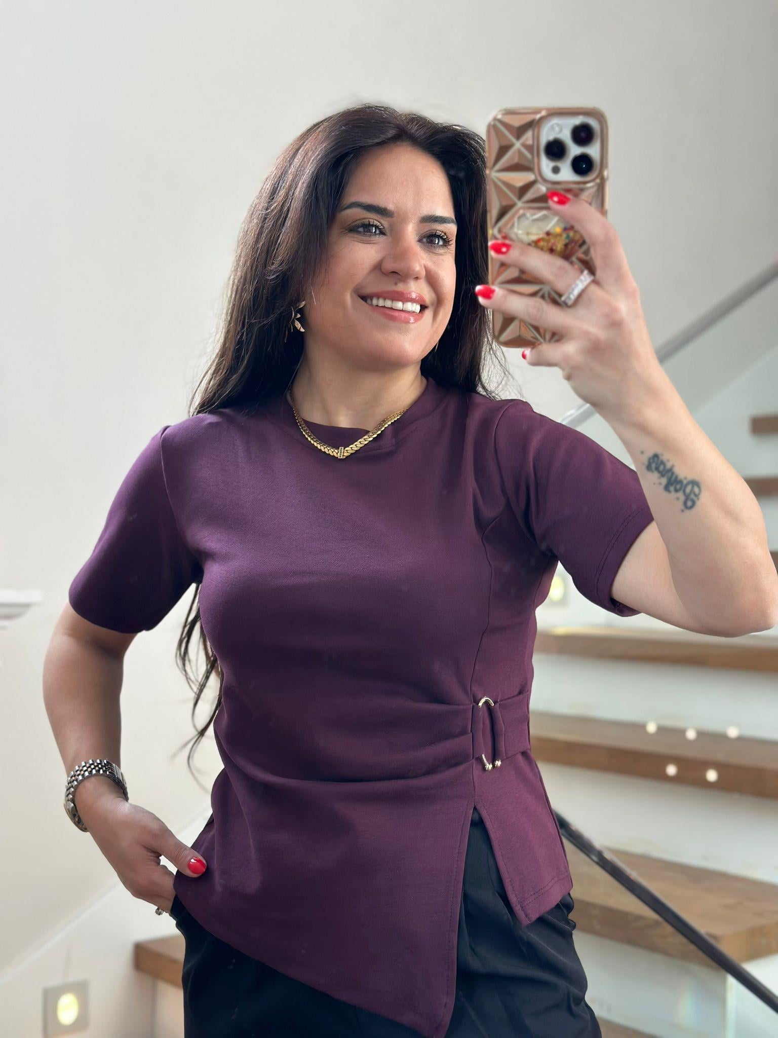 Tokalı Bisiklet Yaka Bordo Tshirt