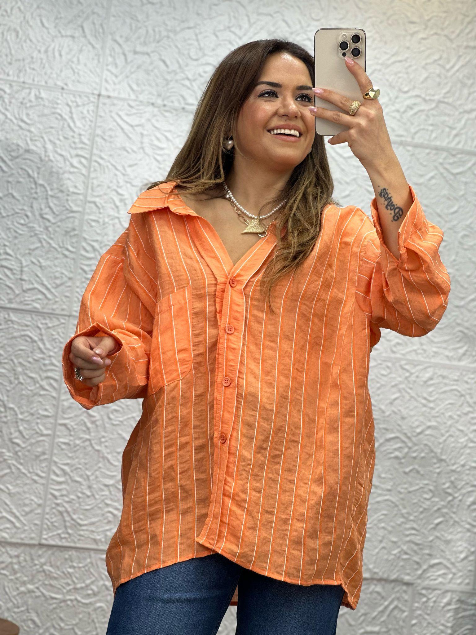 Turuncu Çizgili Oversize Gömlek