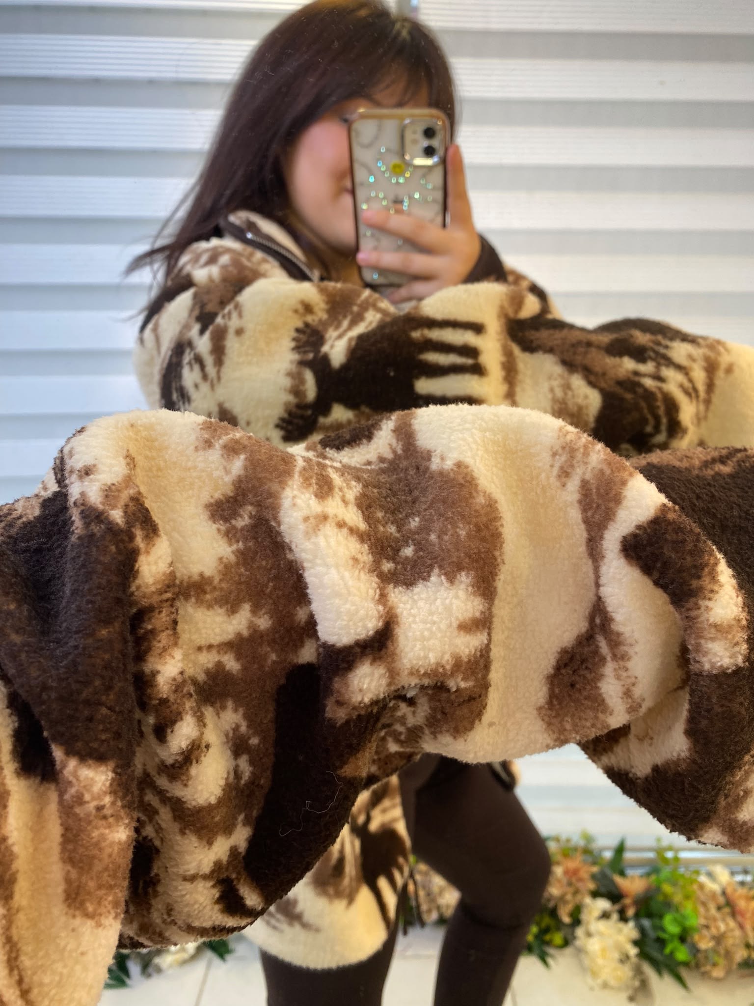 Uzun Fermuarlı Kahve Krem Peluş Mont