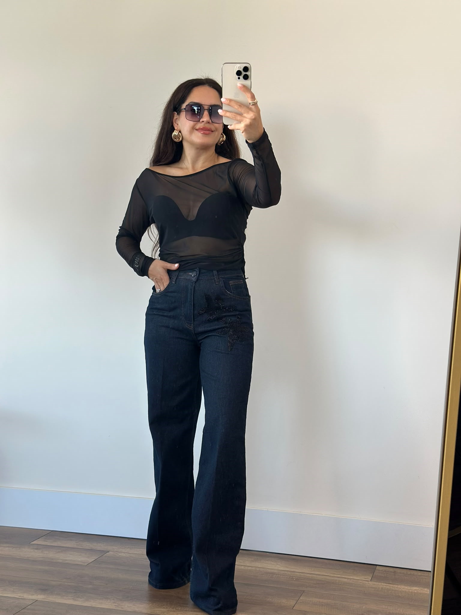 Uzun Kollu Tül Siyah Bluz Lpn264830