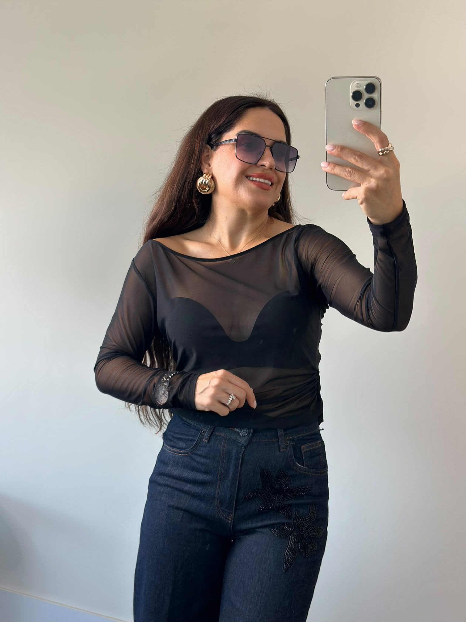 Uzun Kollu Tül Siyah Bluz Lpn264830