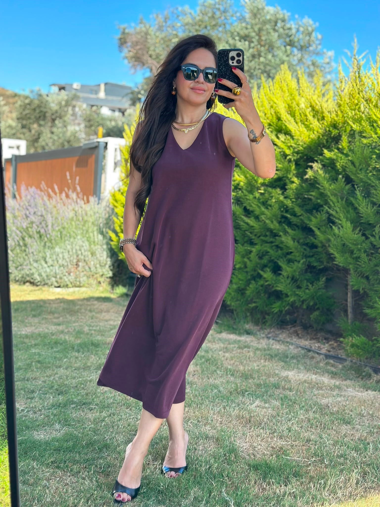 V Yaka Bordo Modal Elbise