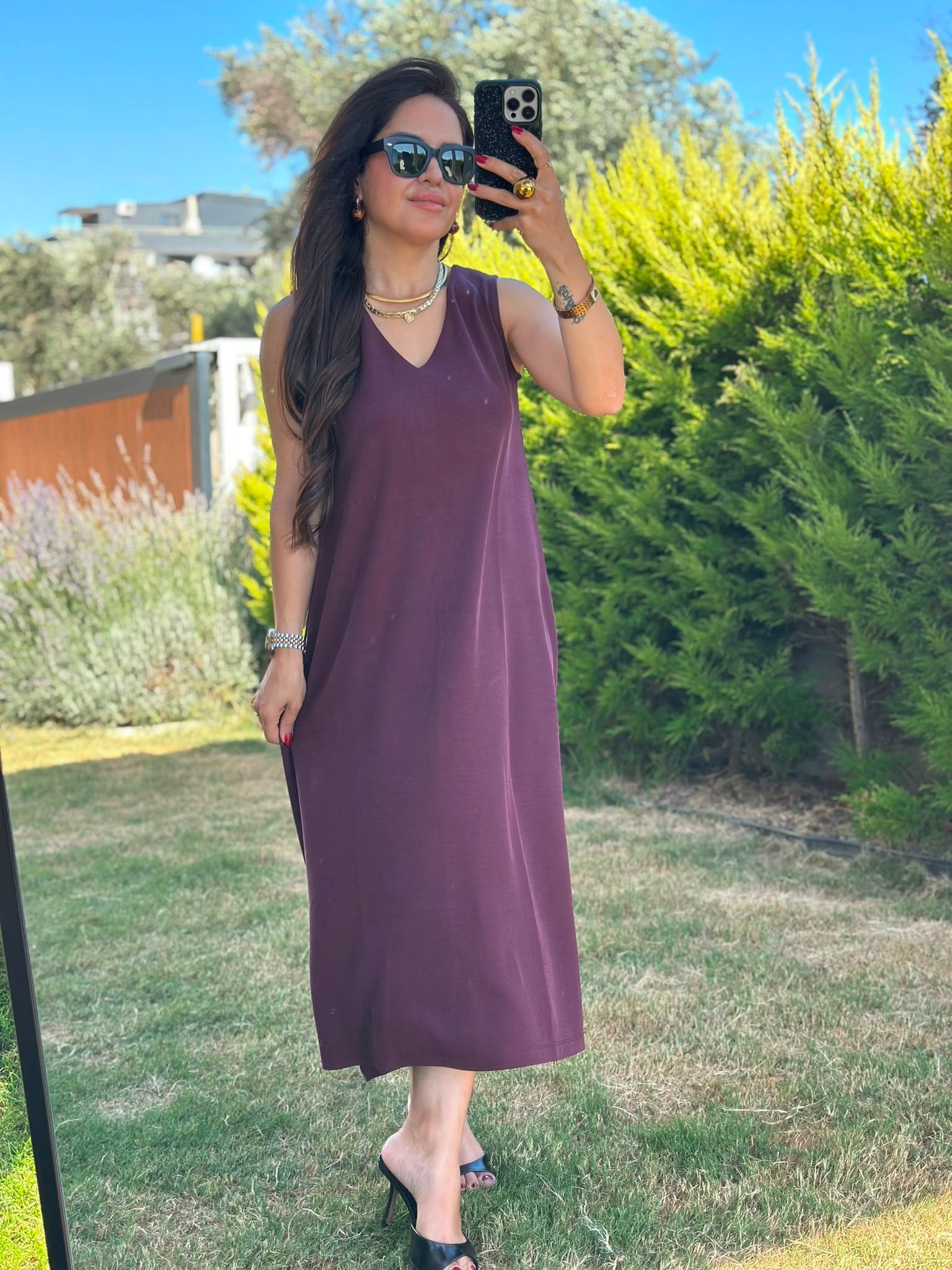 V Yaka Bordo Modal Elbise