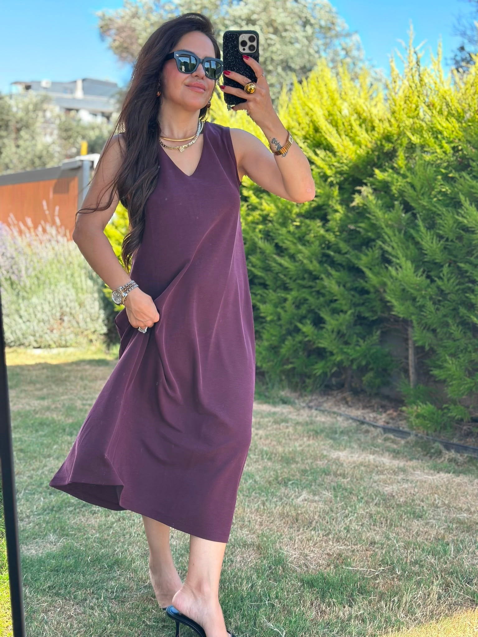 V Yaka Bordo Modal Elbise