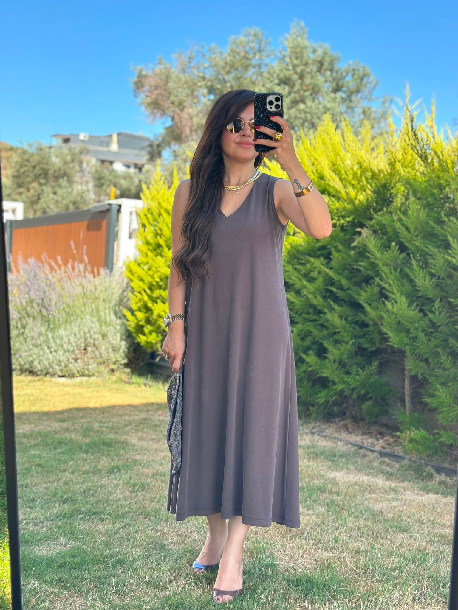 V Yaka Kahve Modal Elbise