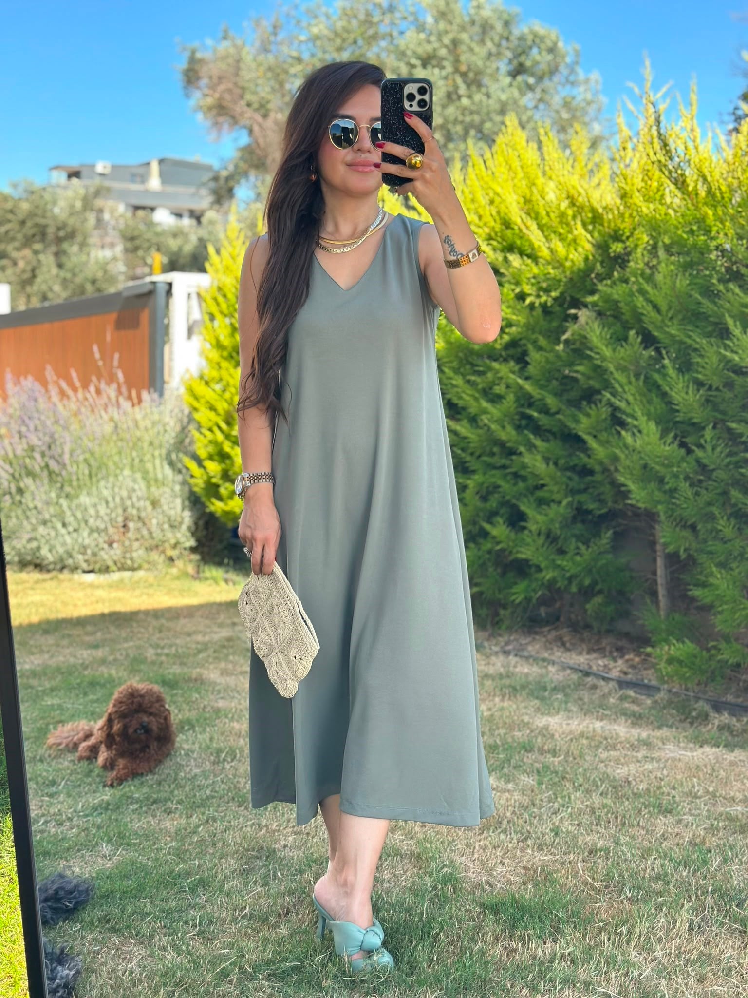 V Yaka Yeşil Modal Elbise