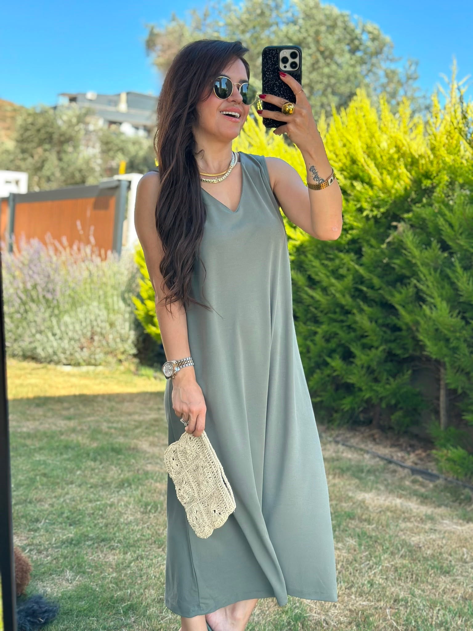 V Yaka Yeşil Modal Elbise