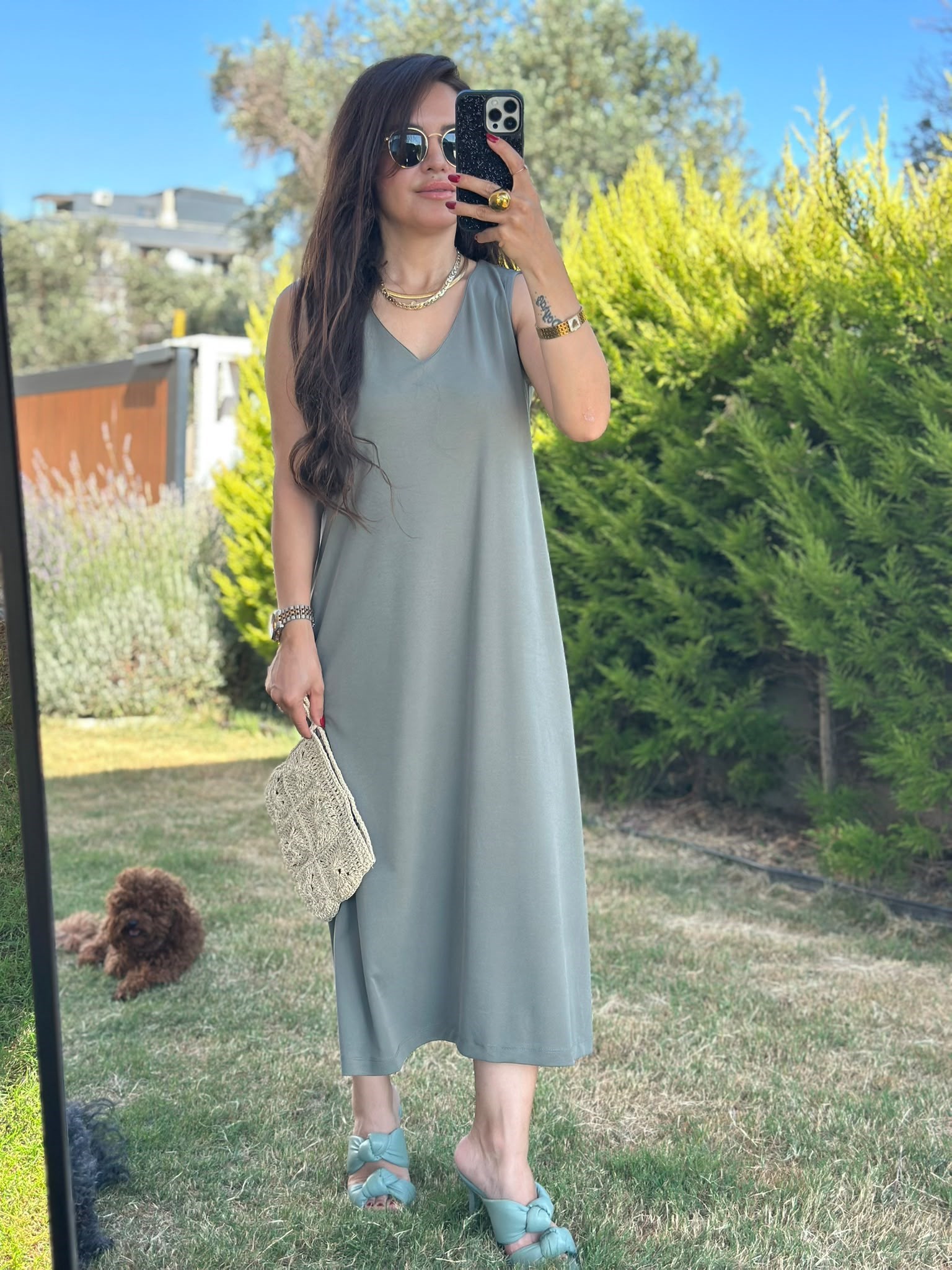 V Yaka Yeşil Modal Elbise