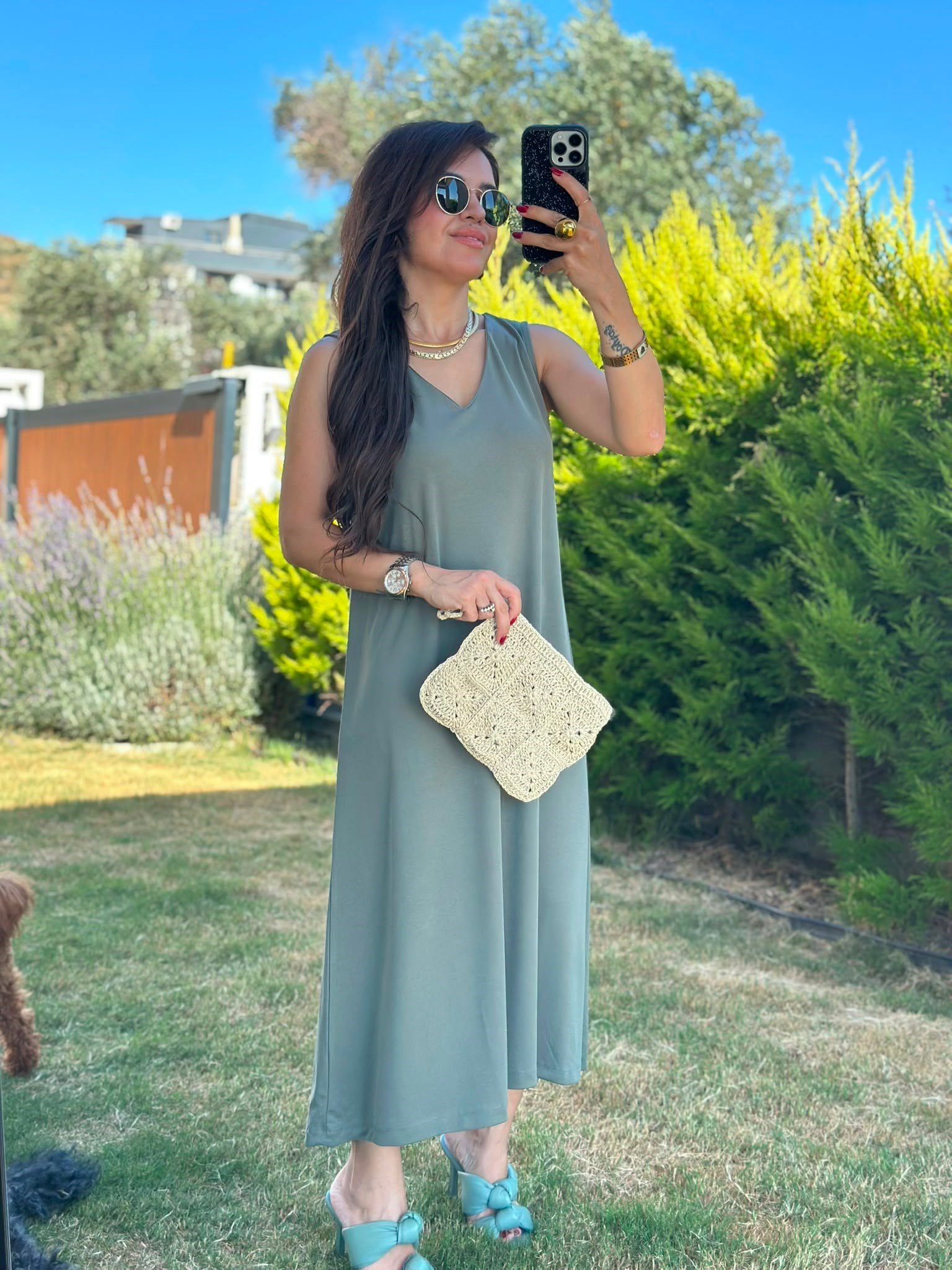 V Yaka Yeşil Modal Elbise