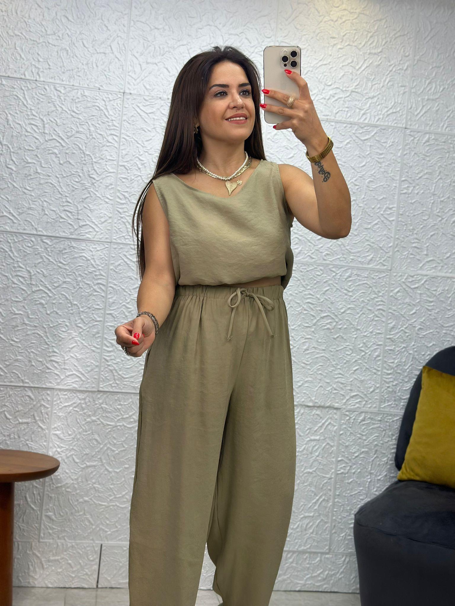 Yağ Yeşili Modal Kolsuz Takım