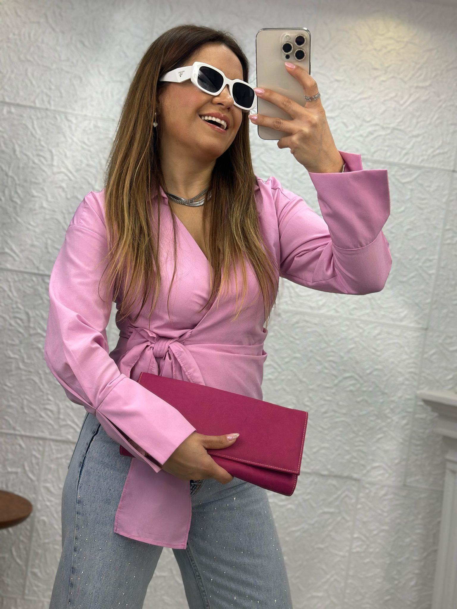 Yandan Bağlamalı Pembe Gömlek