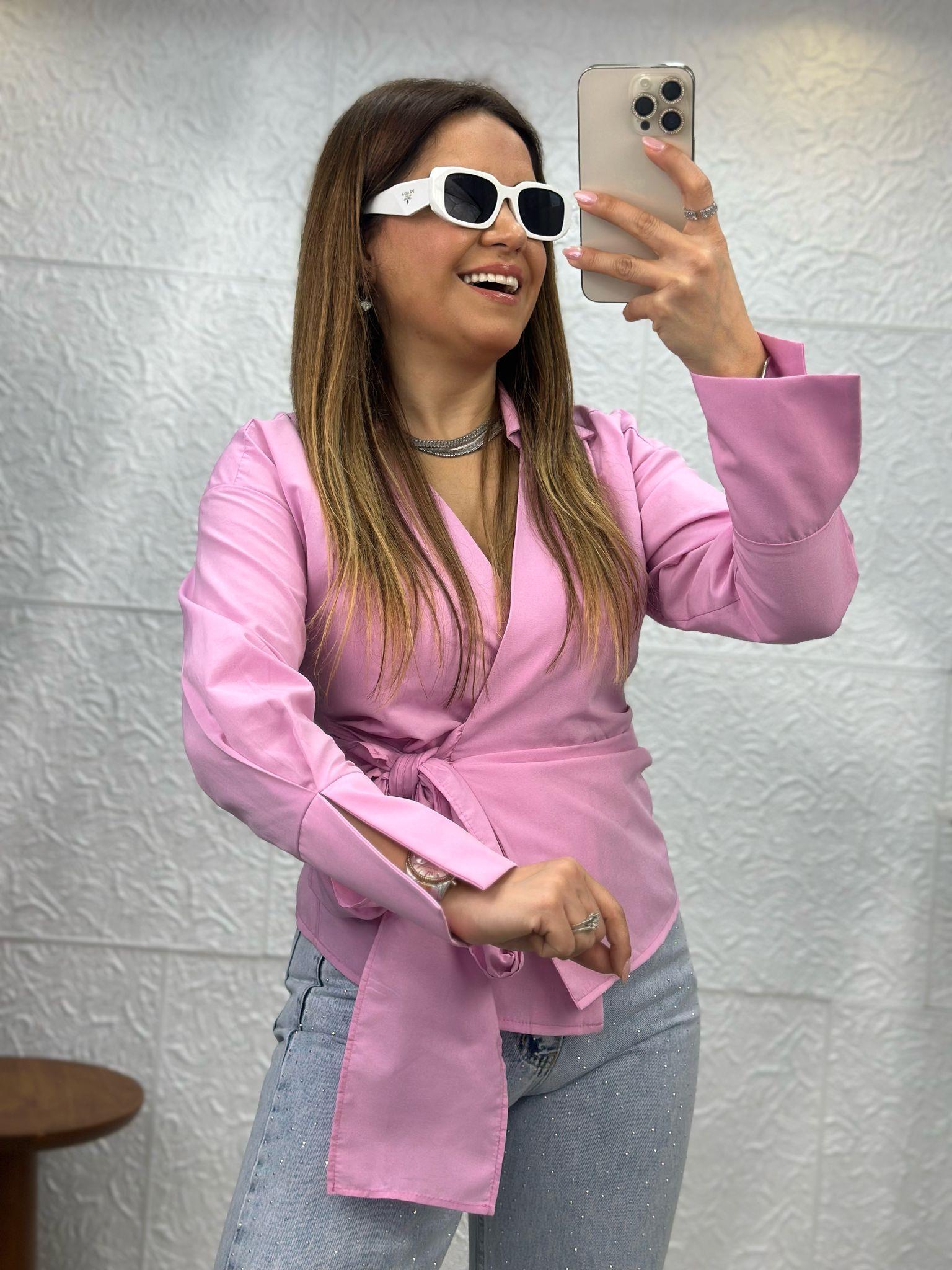 Yandan Bağlamalı Pembe Gömlek