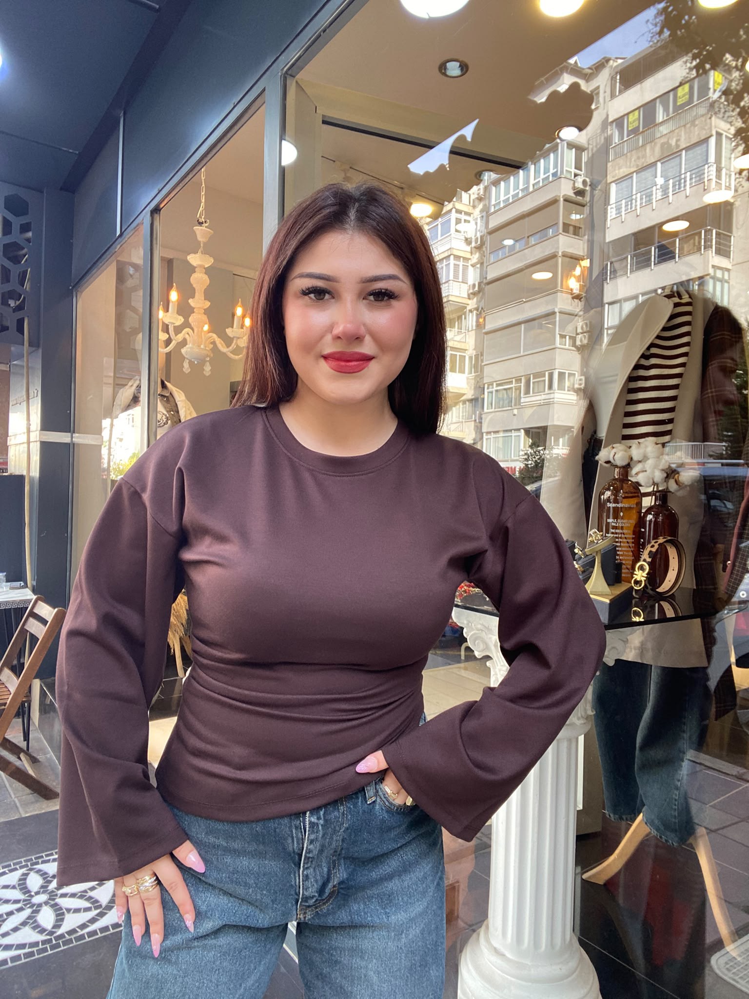 Yanı Pileli Kahve Bluz