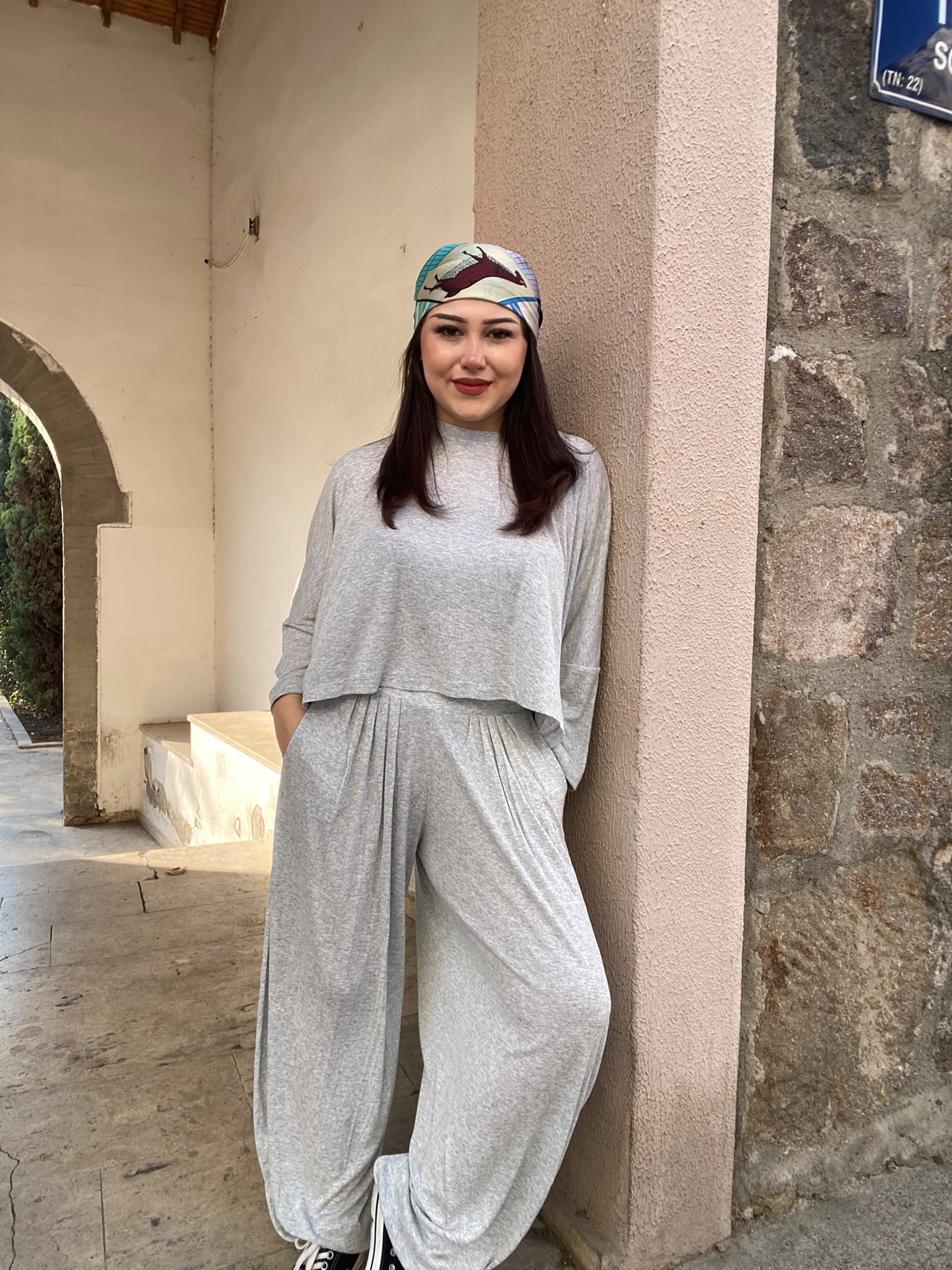 Yarasa Kol Gri Şalvar Takım