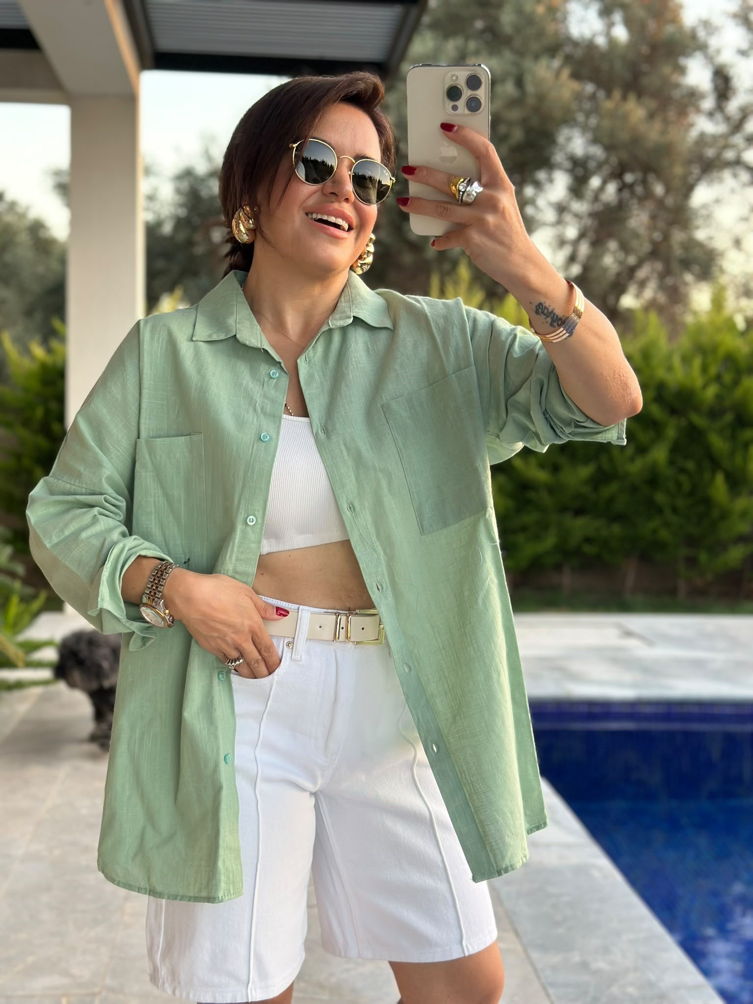 Yeşil Çift Cepli Oversize Gömlek
