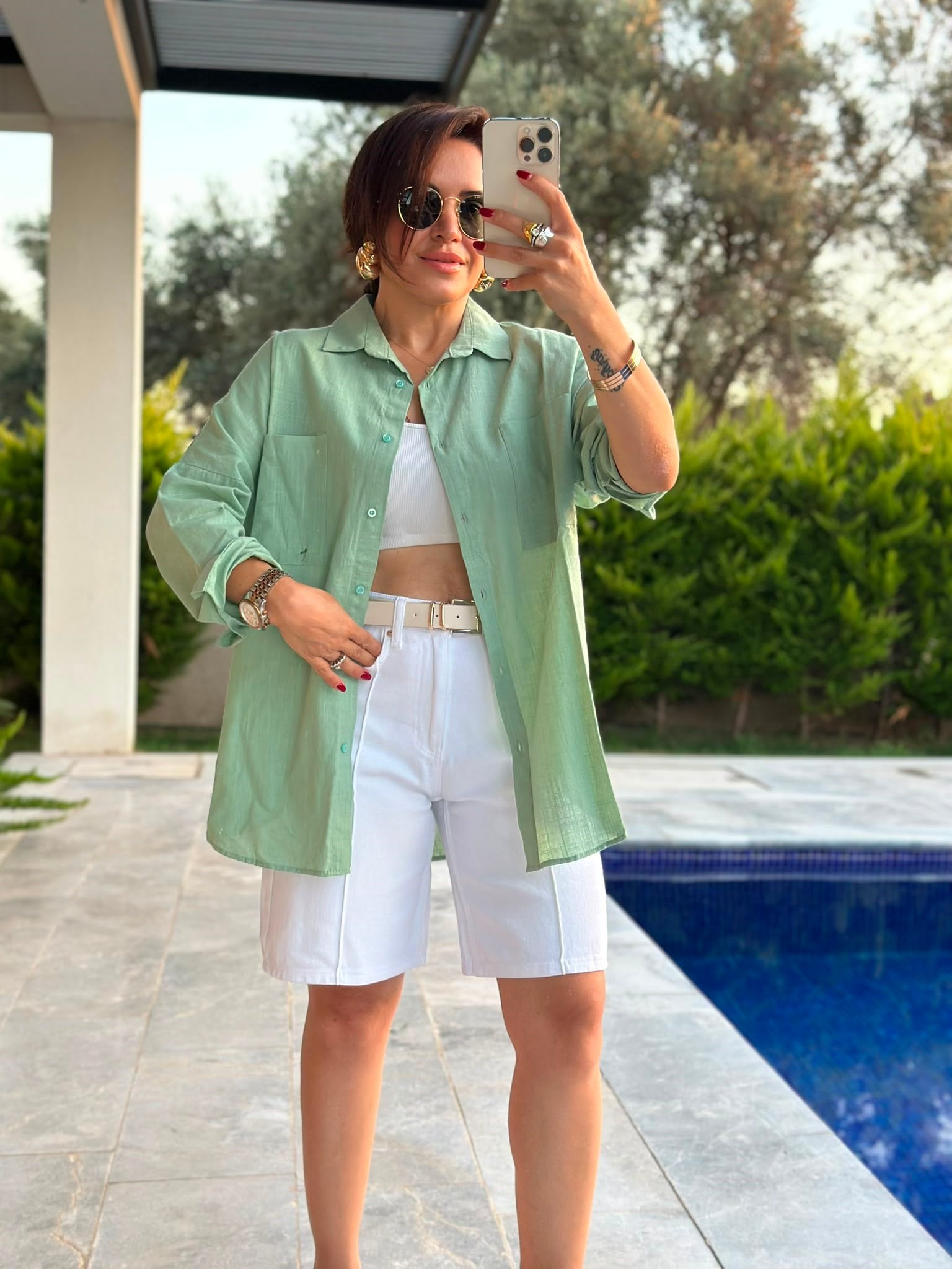Yeşil Çift Cepli Oversize Gömlek