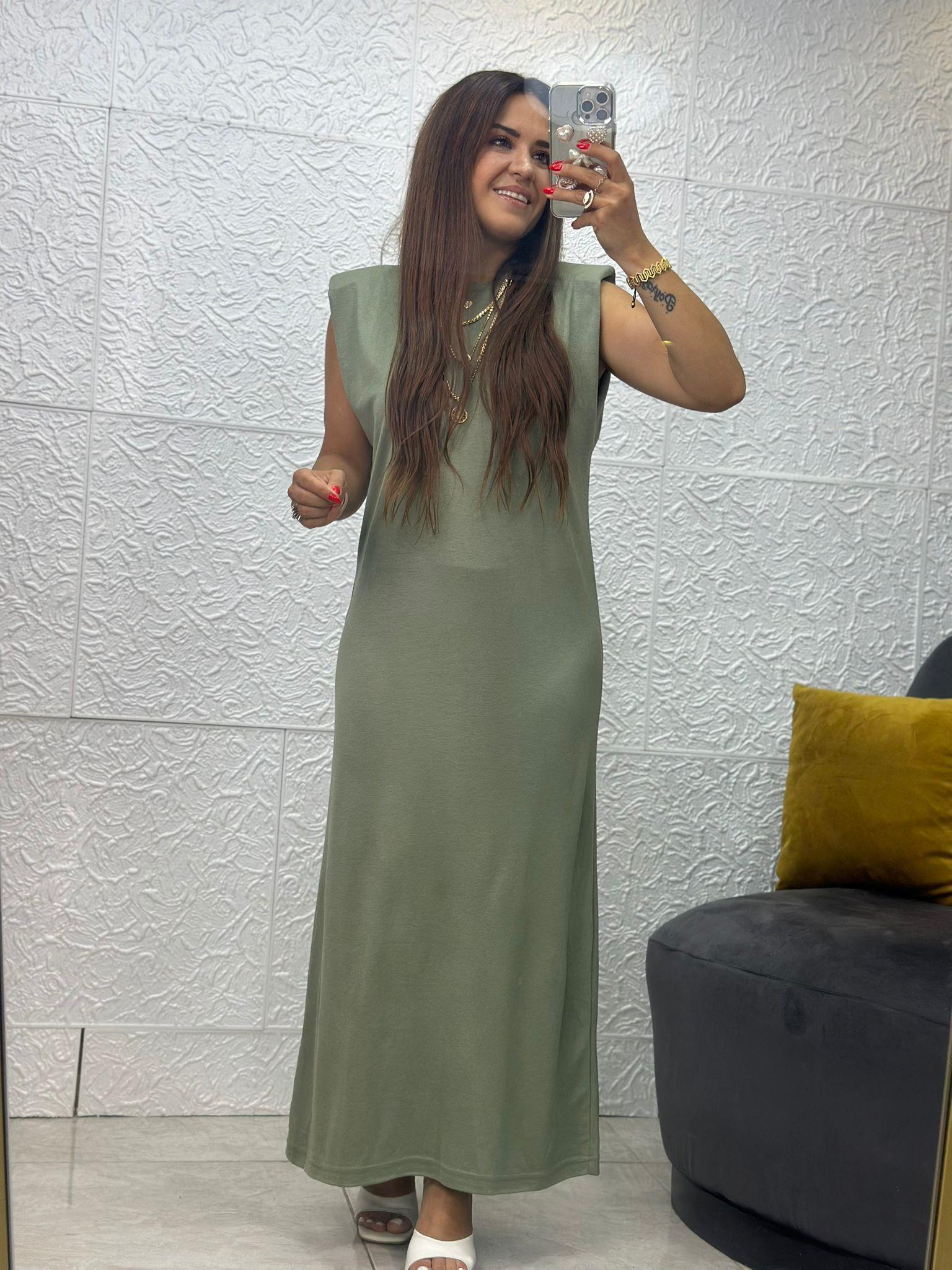 Yeşil Vatkalı Modal Kumaş Elbise