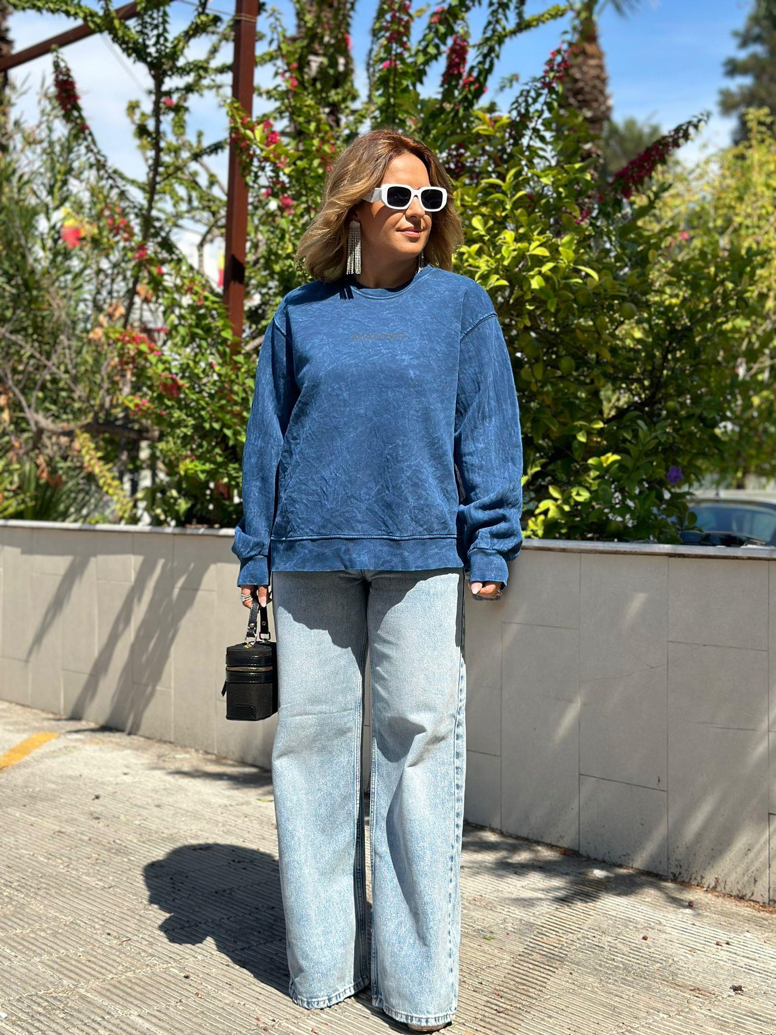 Yıkamalı Kumaş Mavi 3 İplik Sweatshirt