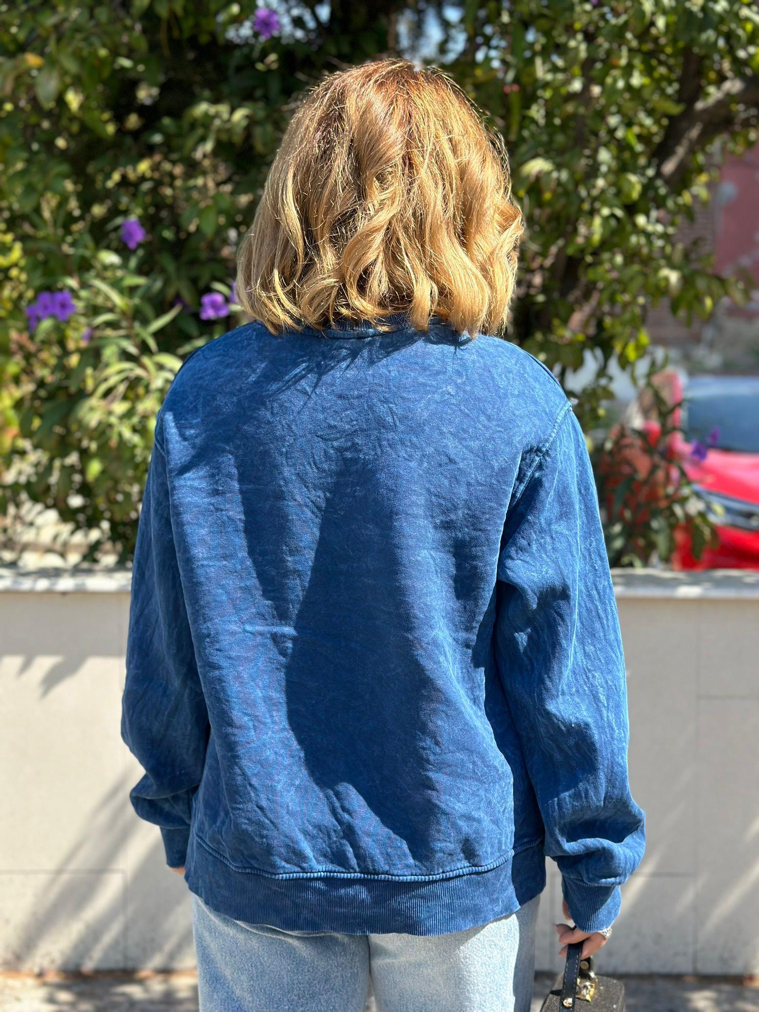 Yıkamalı Kumaş Mavi 3 İplik Sweatshirt