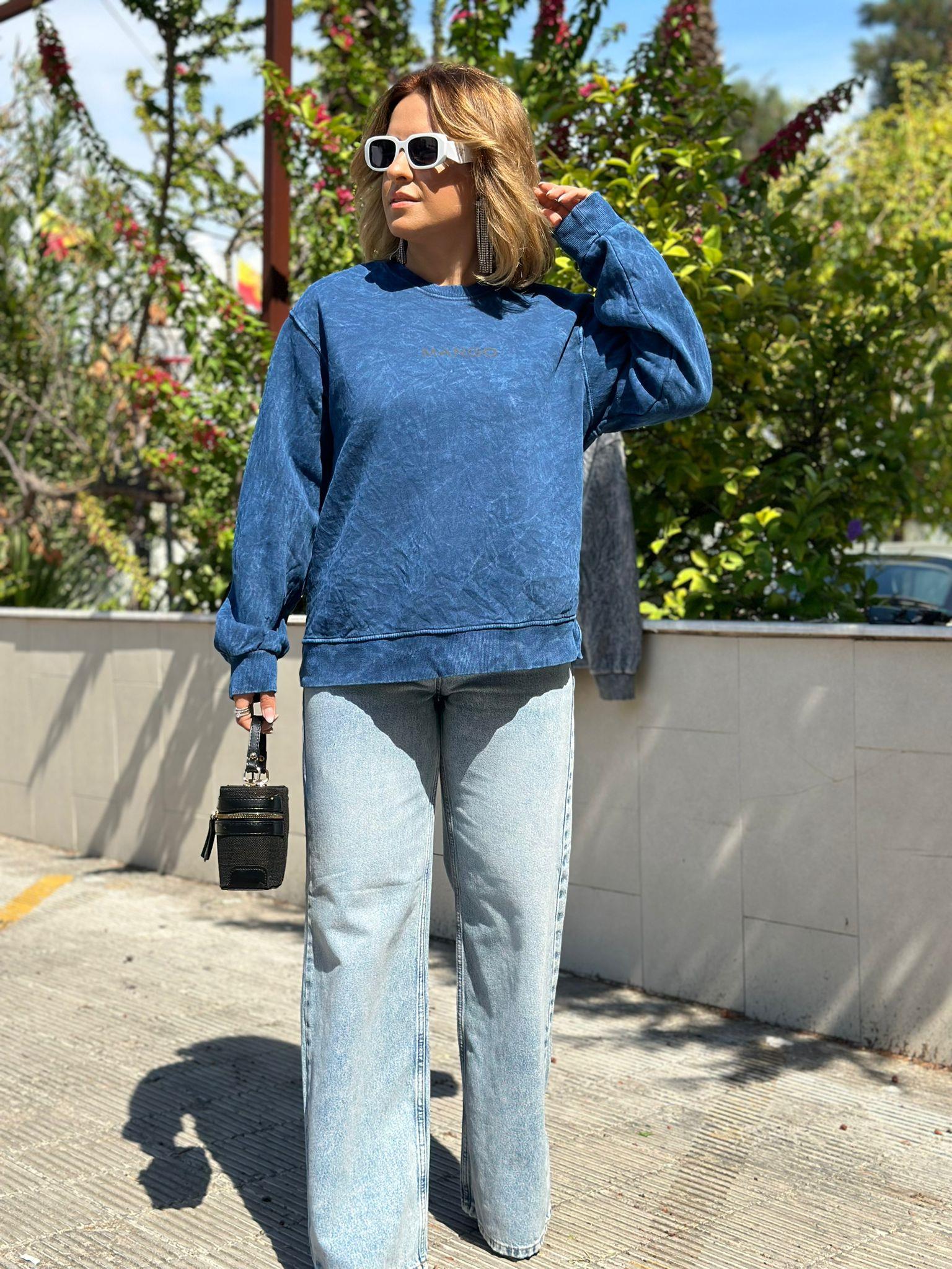 Yıkamalı Kumaş Mavi 3 İplik Sweatshirt