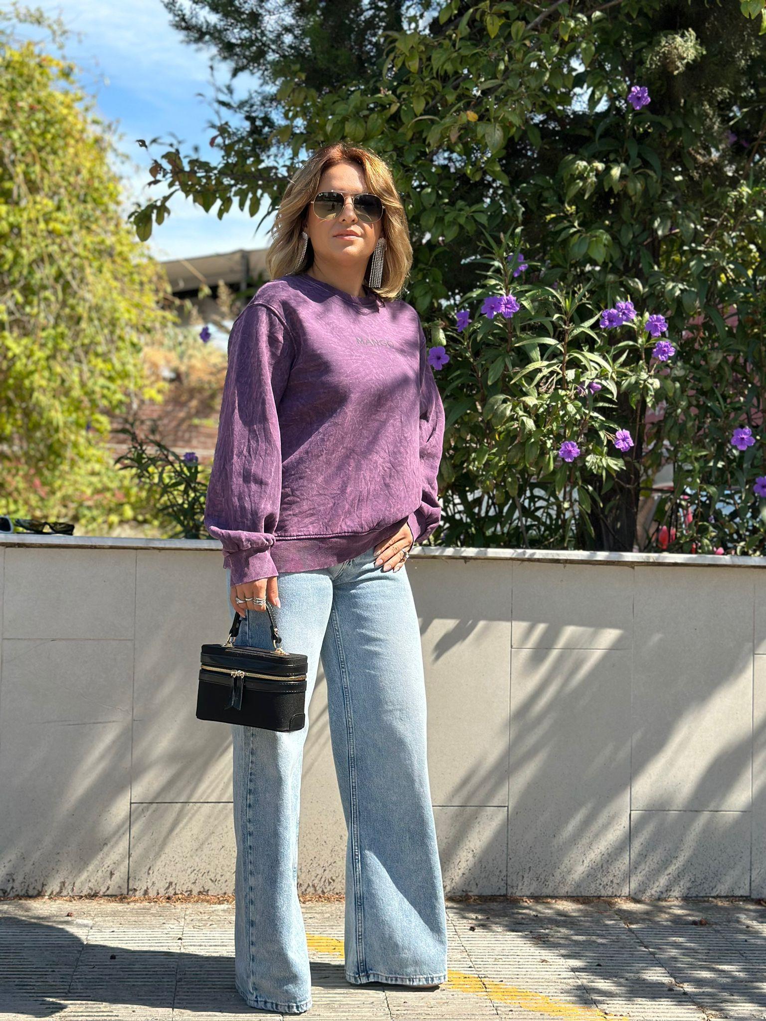 Yıkamalı Kumaş Mürdüm 3 İplik Sweatshirt